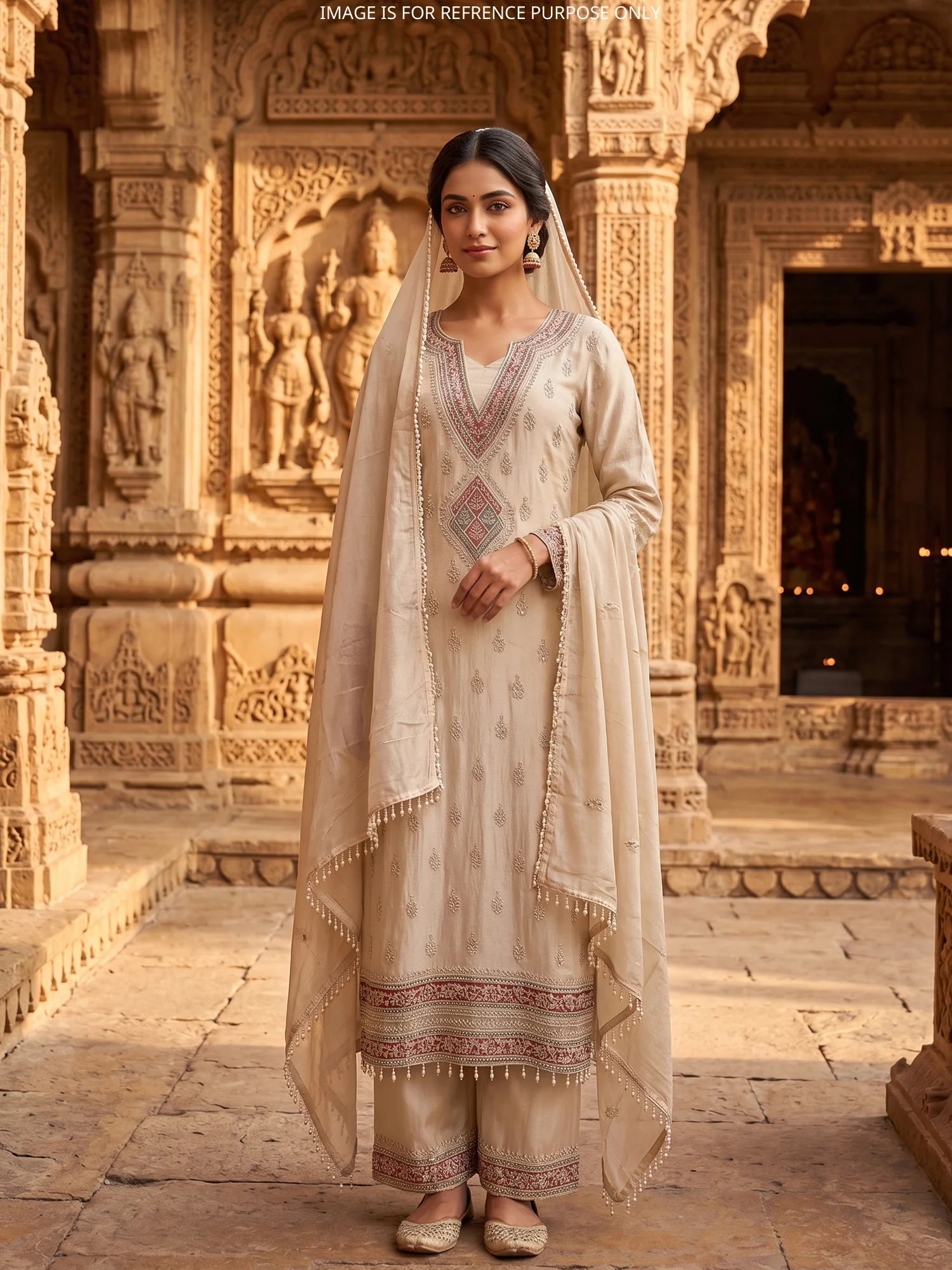 Get Champagne Silk Traditional Suit Crafted In Fine Bead And Threadwork