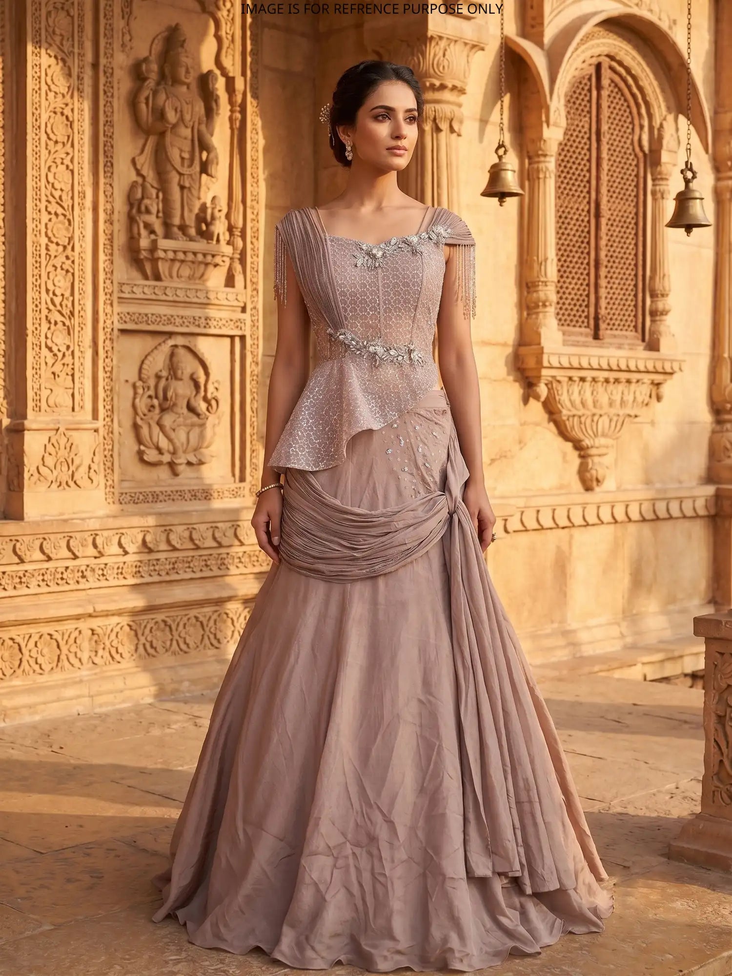 Get Chickoo Chinon Designer Fishcut Lehenga In Diamond Pearl Stone Work