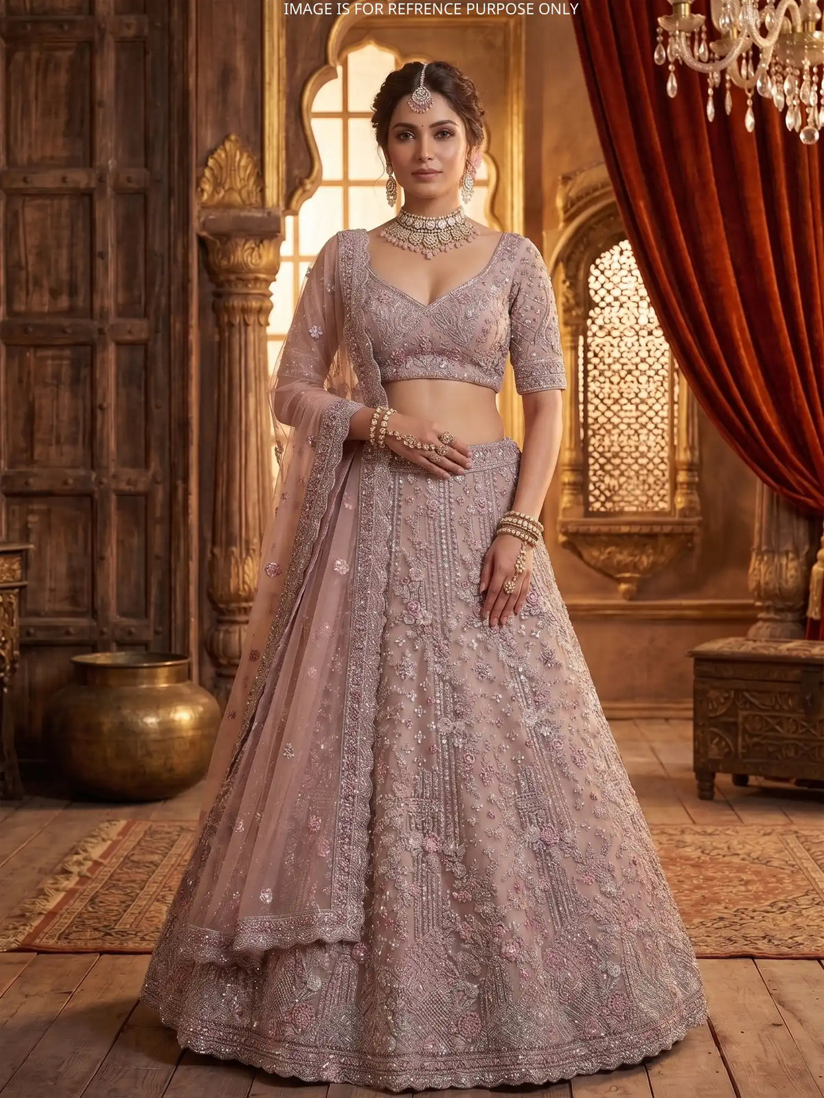 Get Chickoo Net Unstitched Lehenga With Multi Thread Floral Sequin Detailing