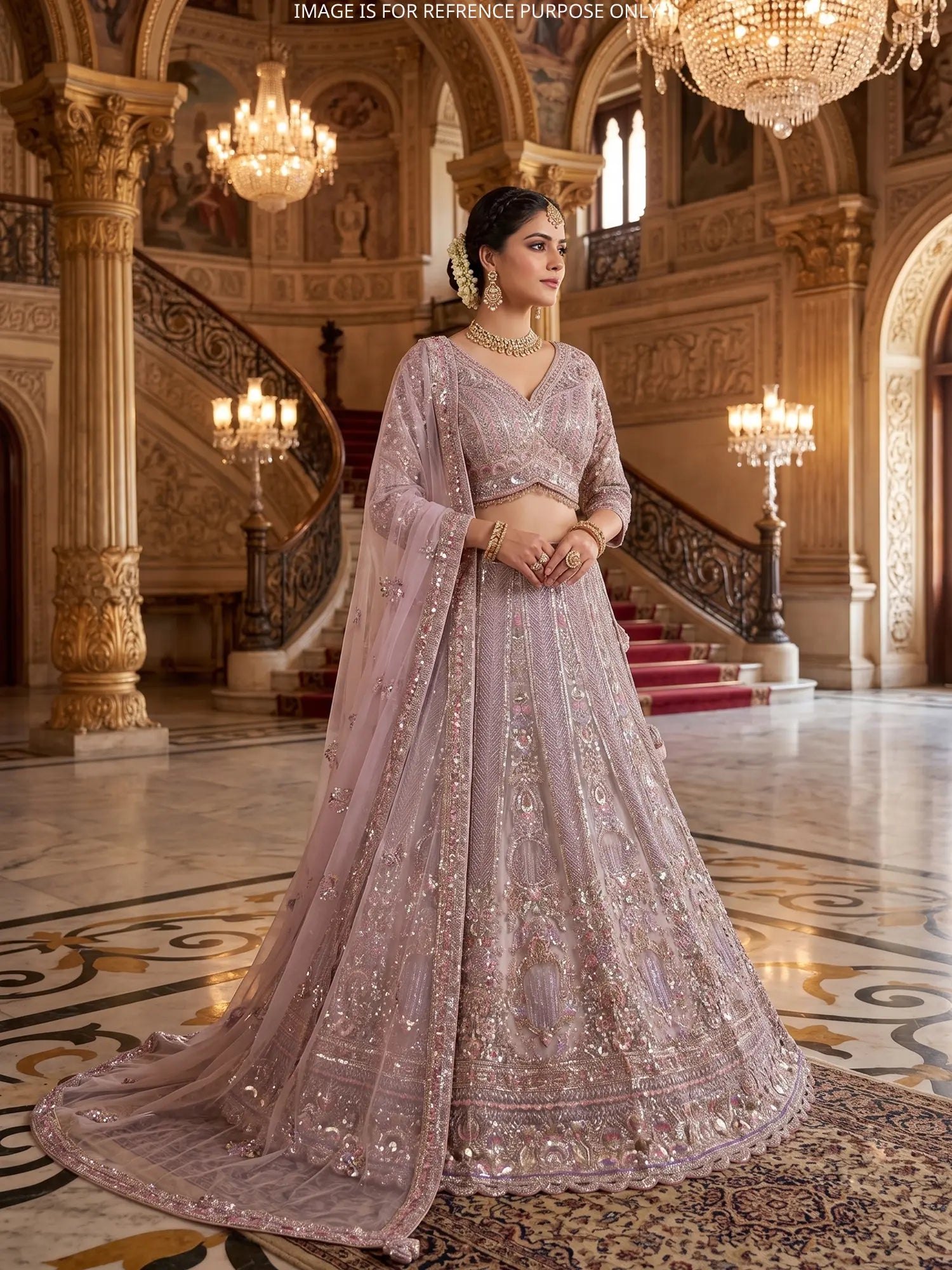 Get Dusty Orchid Net Lehenga Choli Online Showcasing Resham Moti Cut Dana Craft