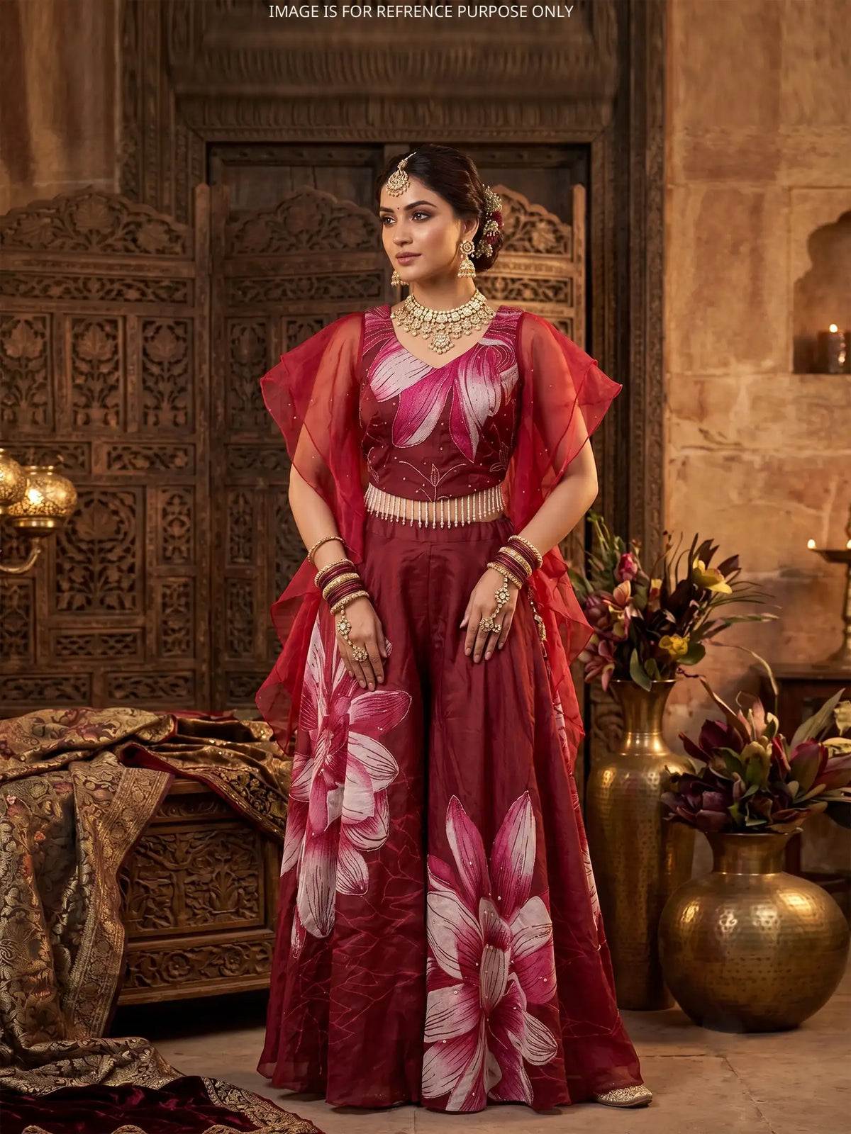 Get Maroon Silk Indo Western Palazzo Suit Featuring Floral Print and Ruffle Dupatta