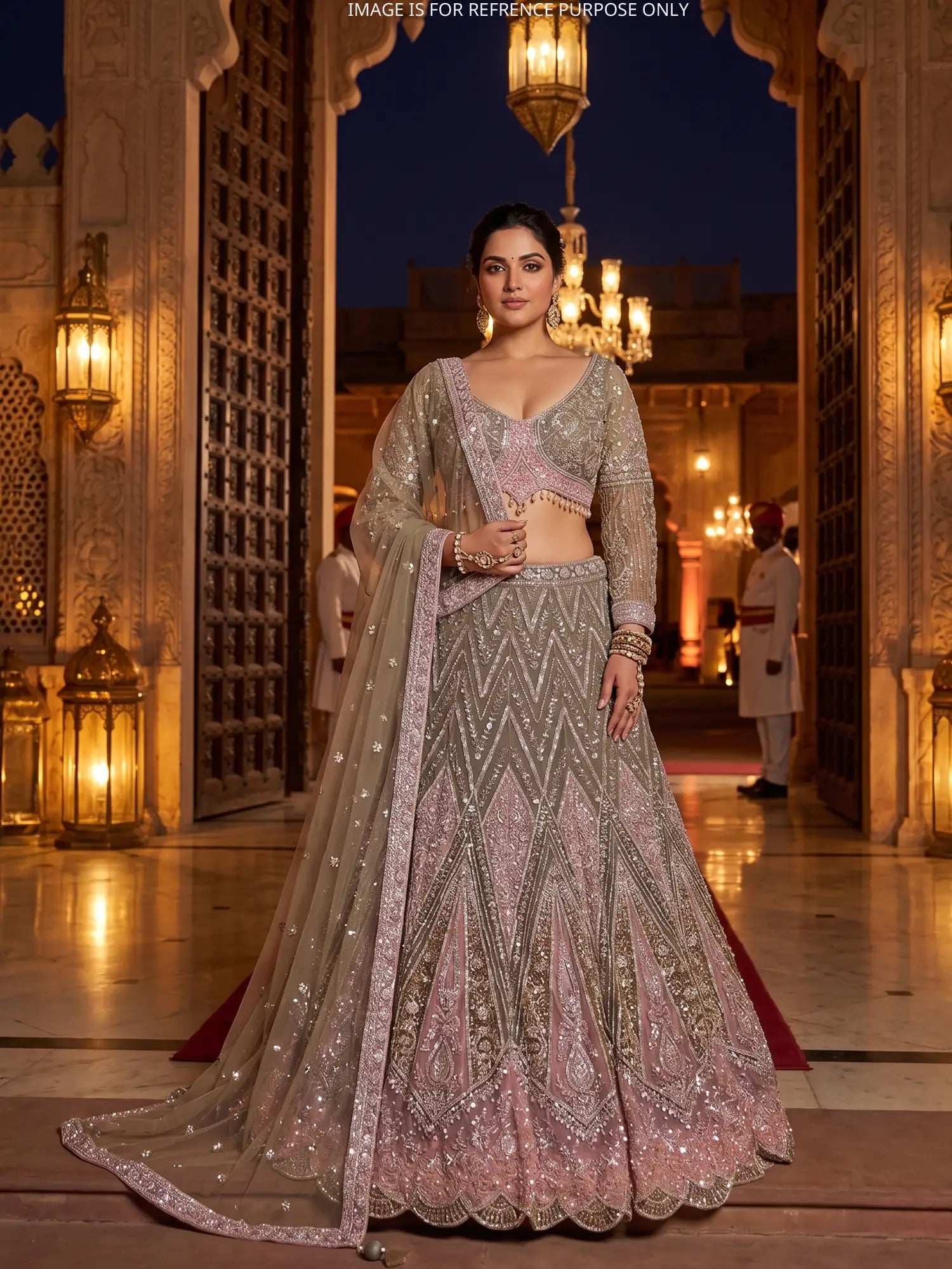 Get Mehendi Green Wedding Lehenga Featuring Applique Patch Detailing