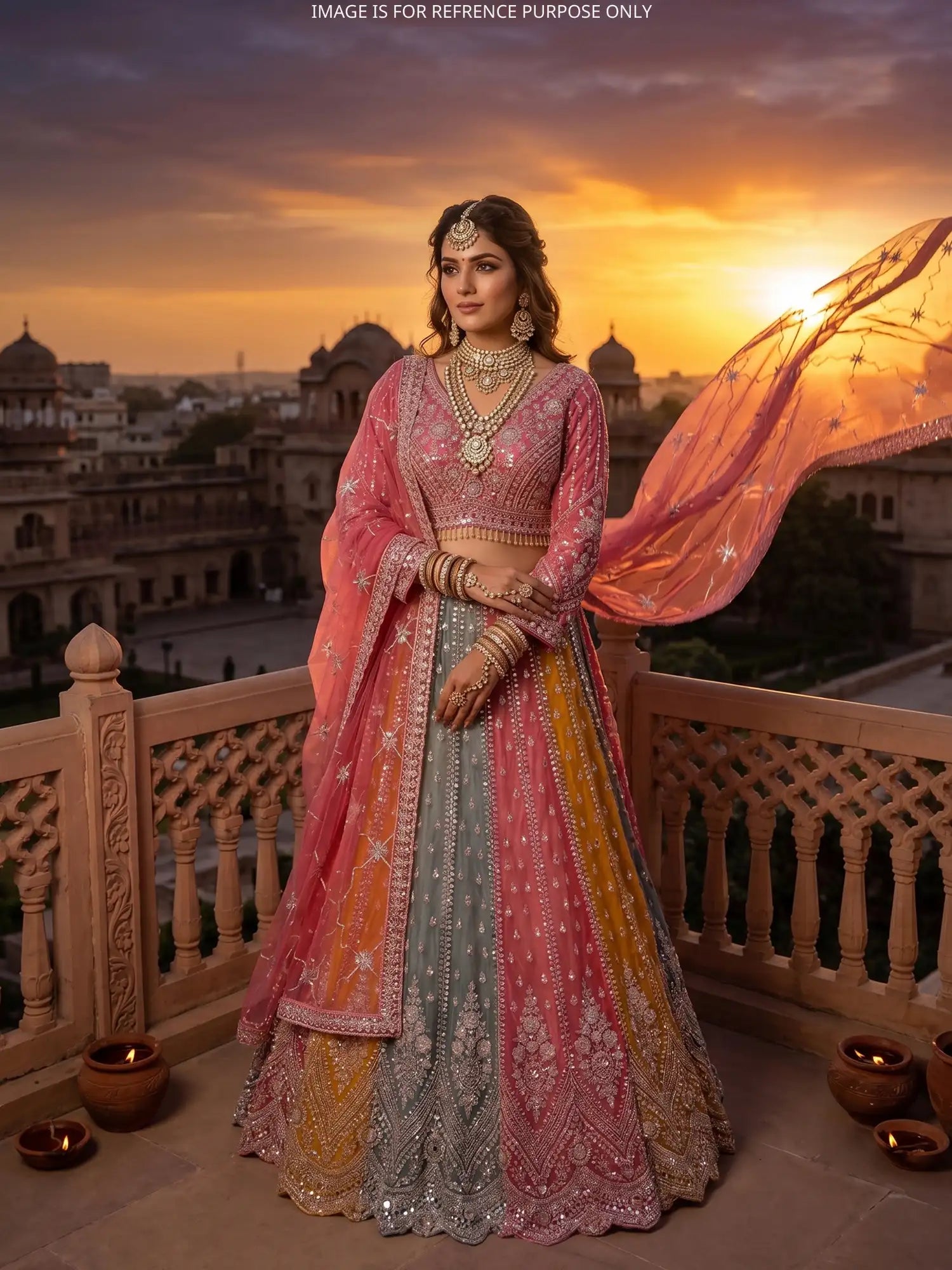 Get Multi Colour Organza Lehenga Choli Online In Intricate Moti Art
