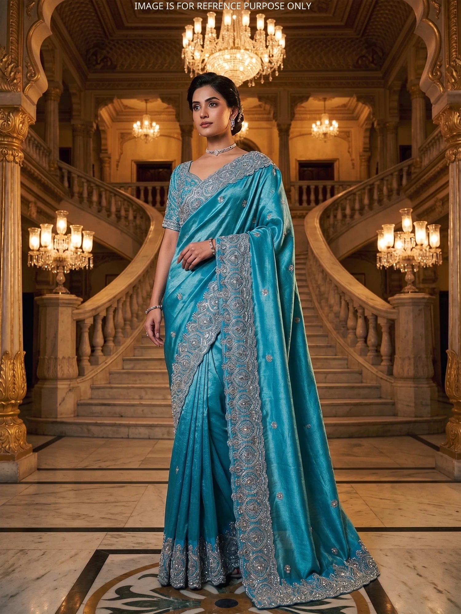 Get Rama Blue Silk Saree Online Highlighted By Moti Pearl Embellishment