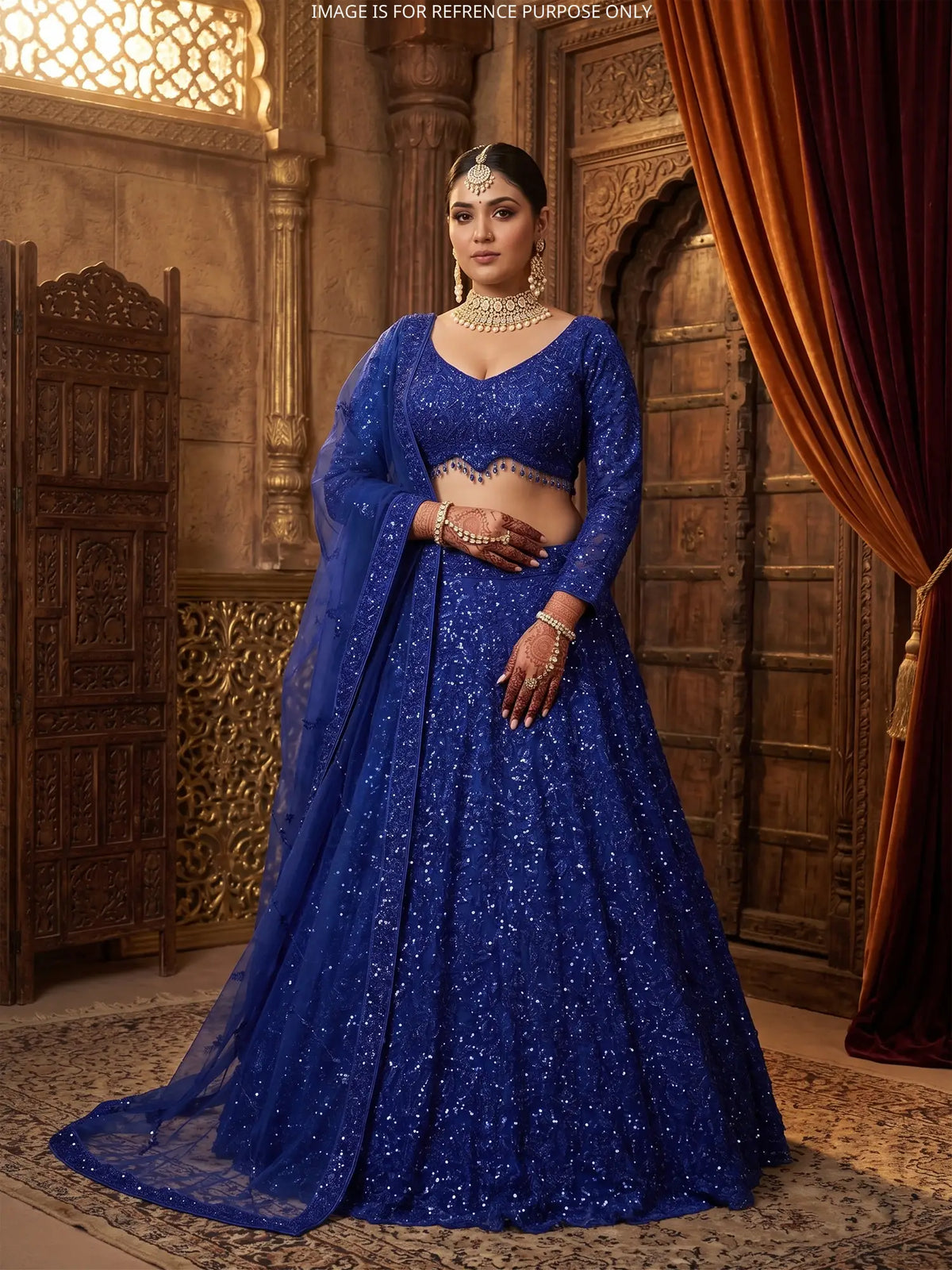 Get Royal Blue Net Designer Ready Made Lehenga with Beads Sequin Work