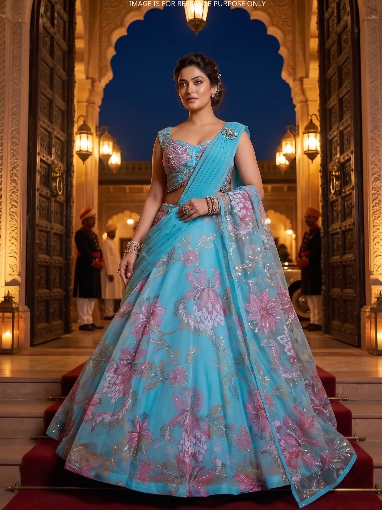 Get Sky Blue Couture Lehenga Enriched With Mirror Pearl Work