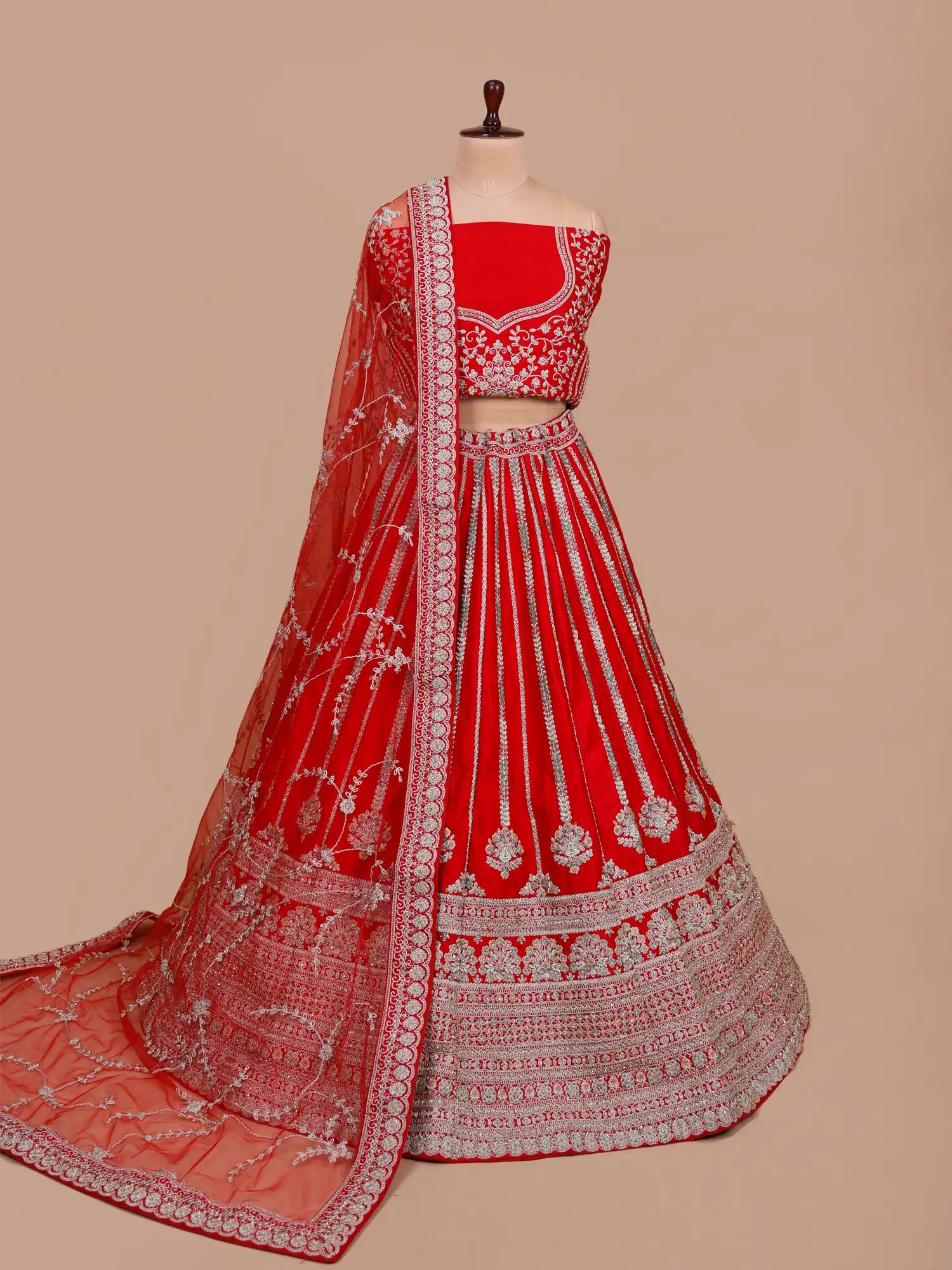 Get Trending Red Raw Silk Wedding Lehenga Multi Thread Diamond Work