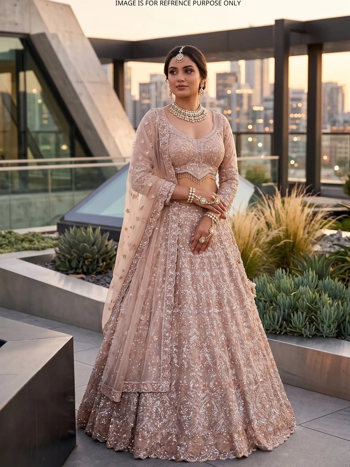 Glam Champagne Net Lehenga Choli with All Over Bead Sequin Embroidery