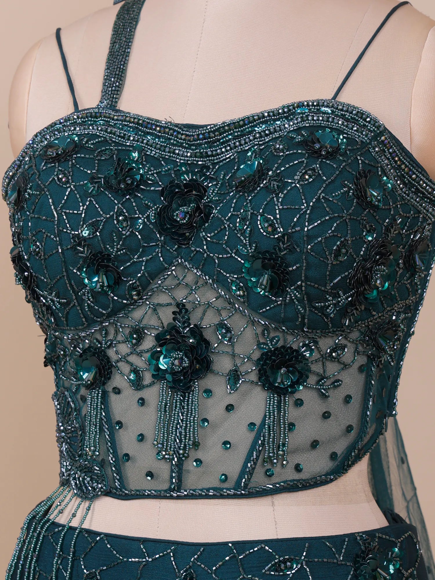 Iconic Bottle Green Couture Lehenga With Signature Moti Work