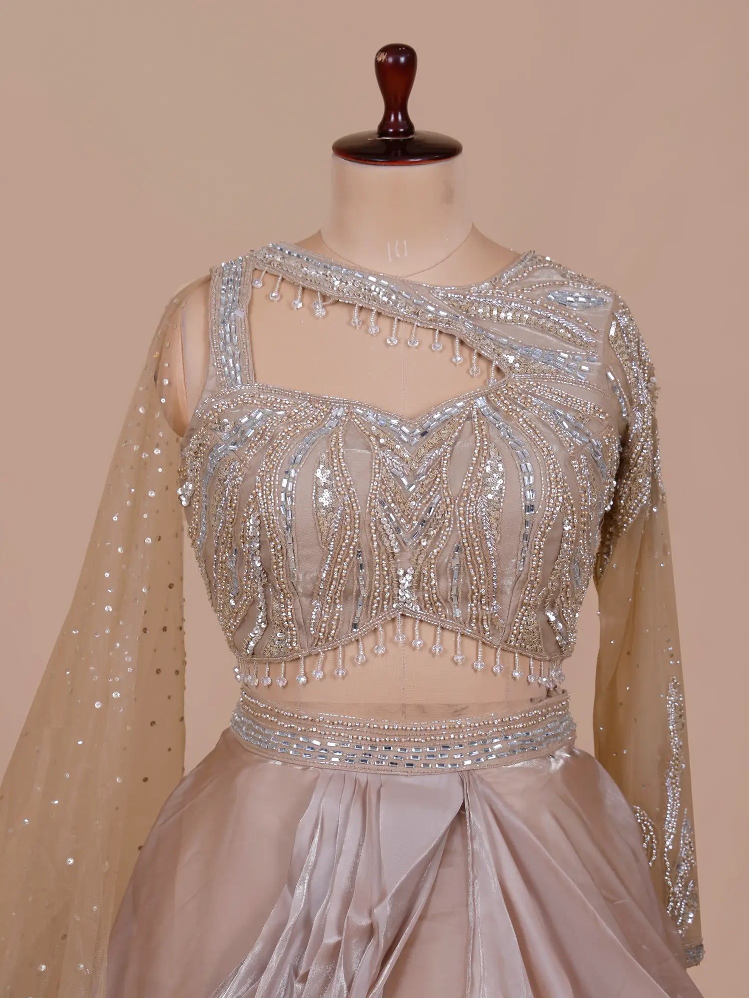 Grand Champagne Designer Drape Lehenga Online With Sparkling Details