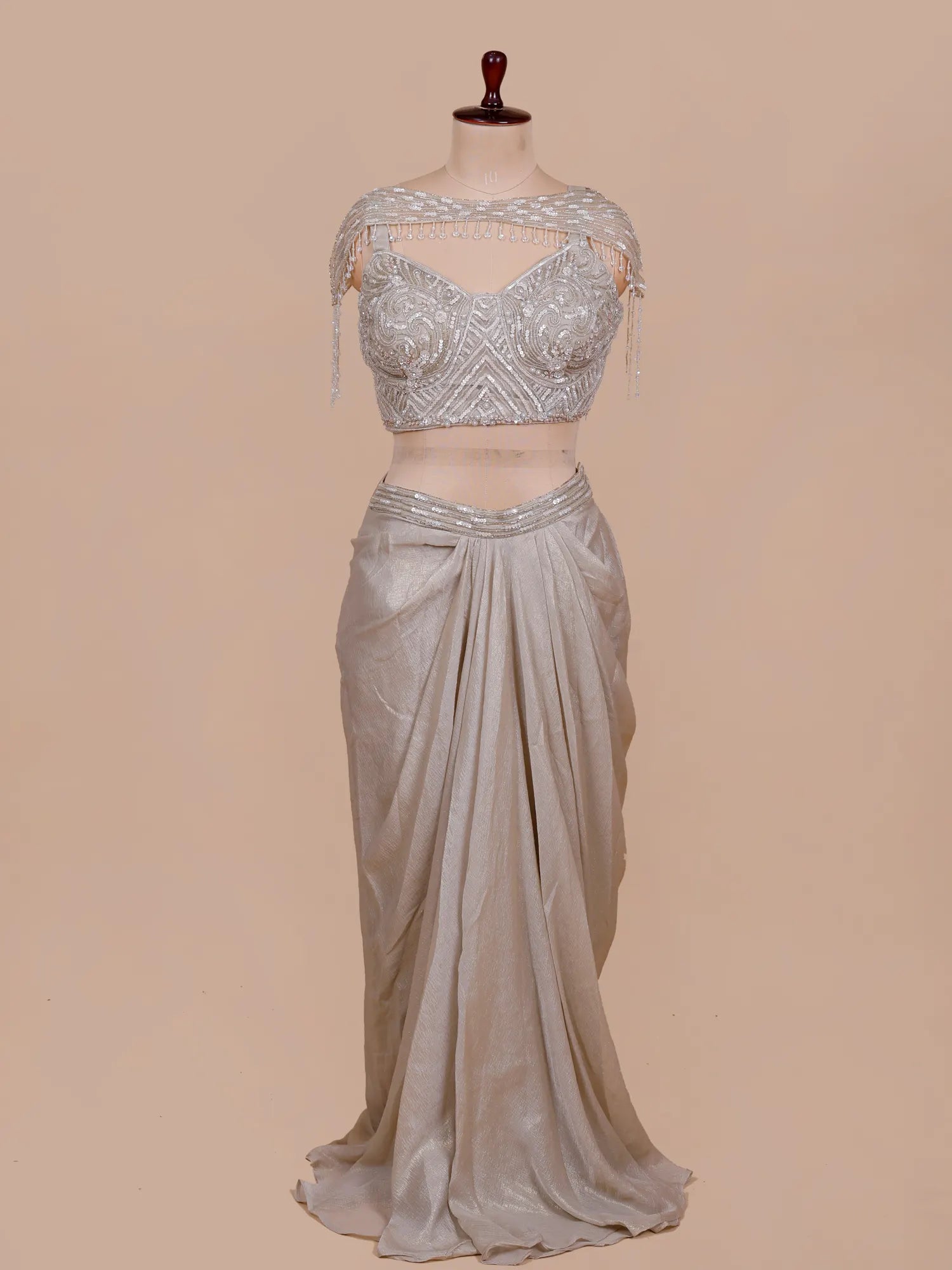Buy Affordable Champagne Pre Draped Saree Online Worldwide