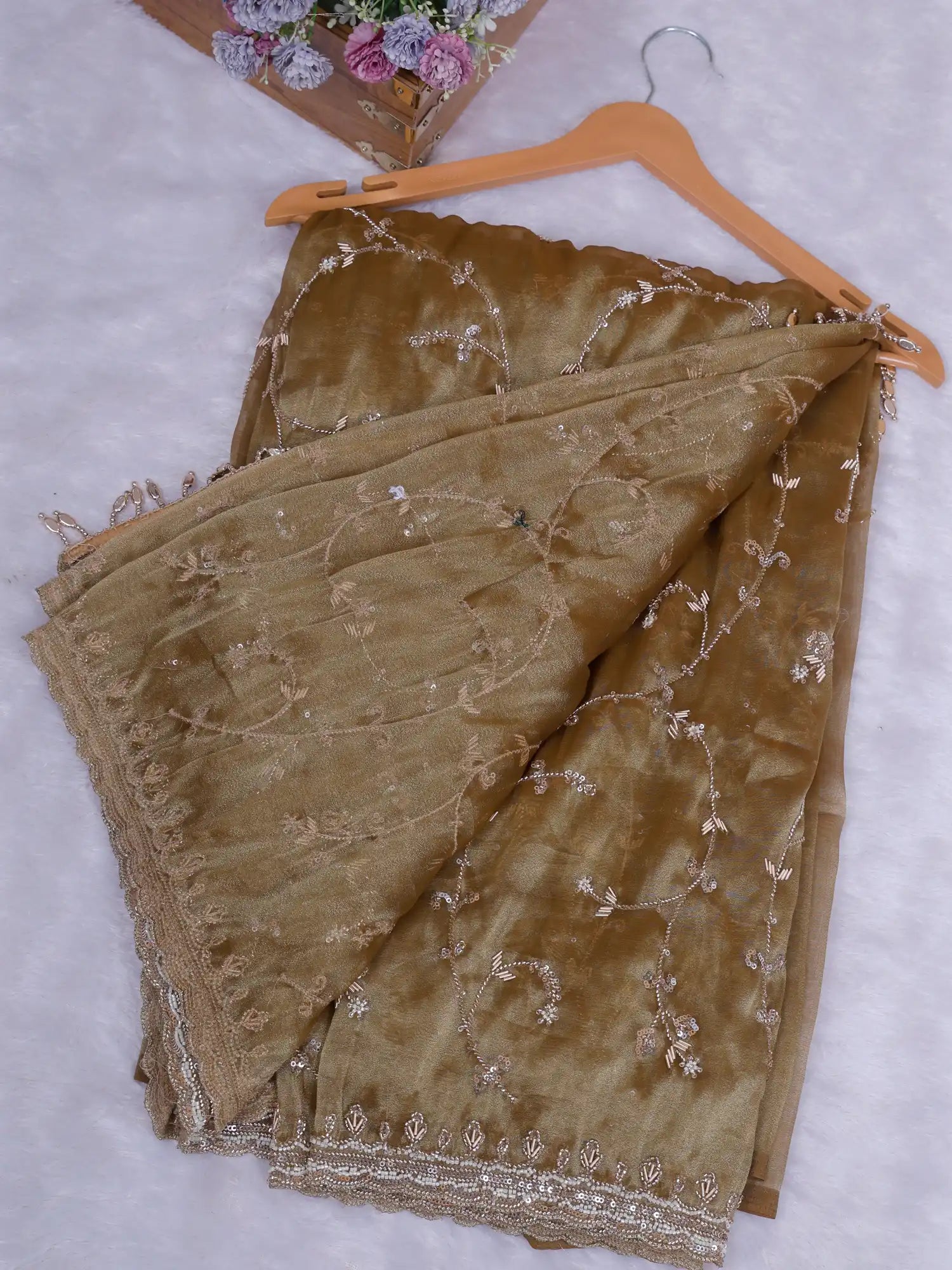 Shop Imperial Antique Gold Organza Saree With Designer Finish