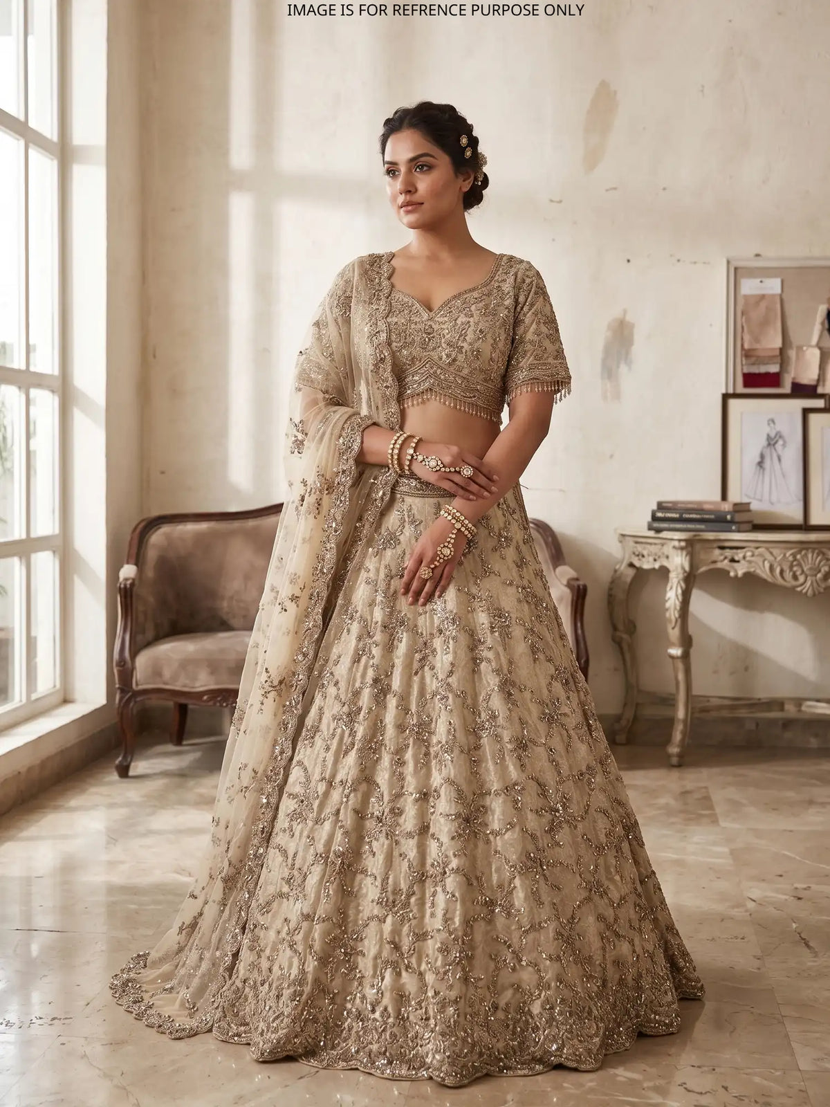 Glamorous Golden Shimmer Silk Lehenga with Silver Floral Embellishment