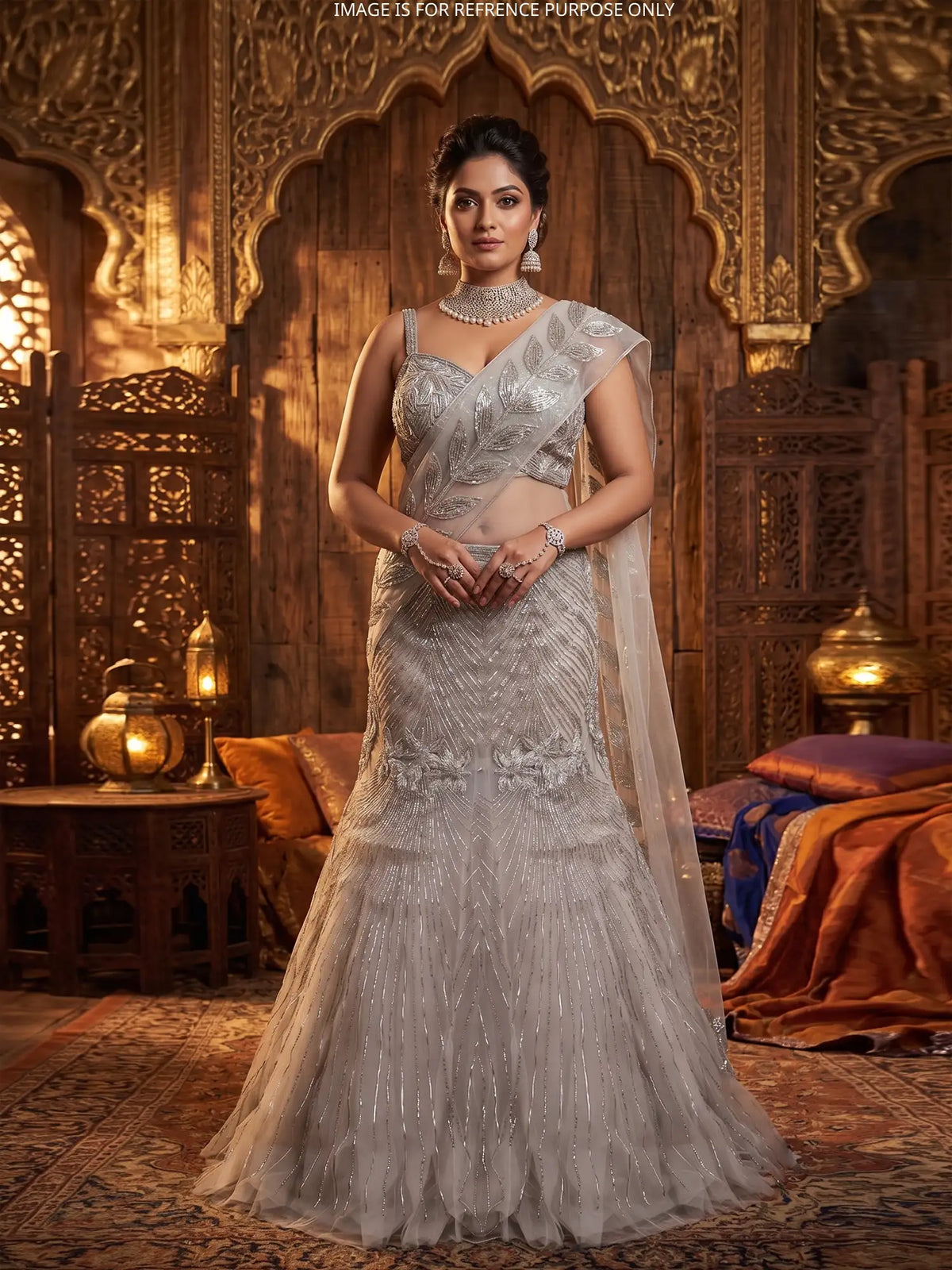 Glamorous Grey Net Pre-Draped Lehenga With Intricate Sequin And Moti Work