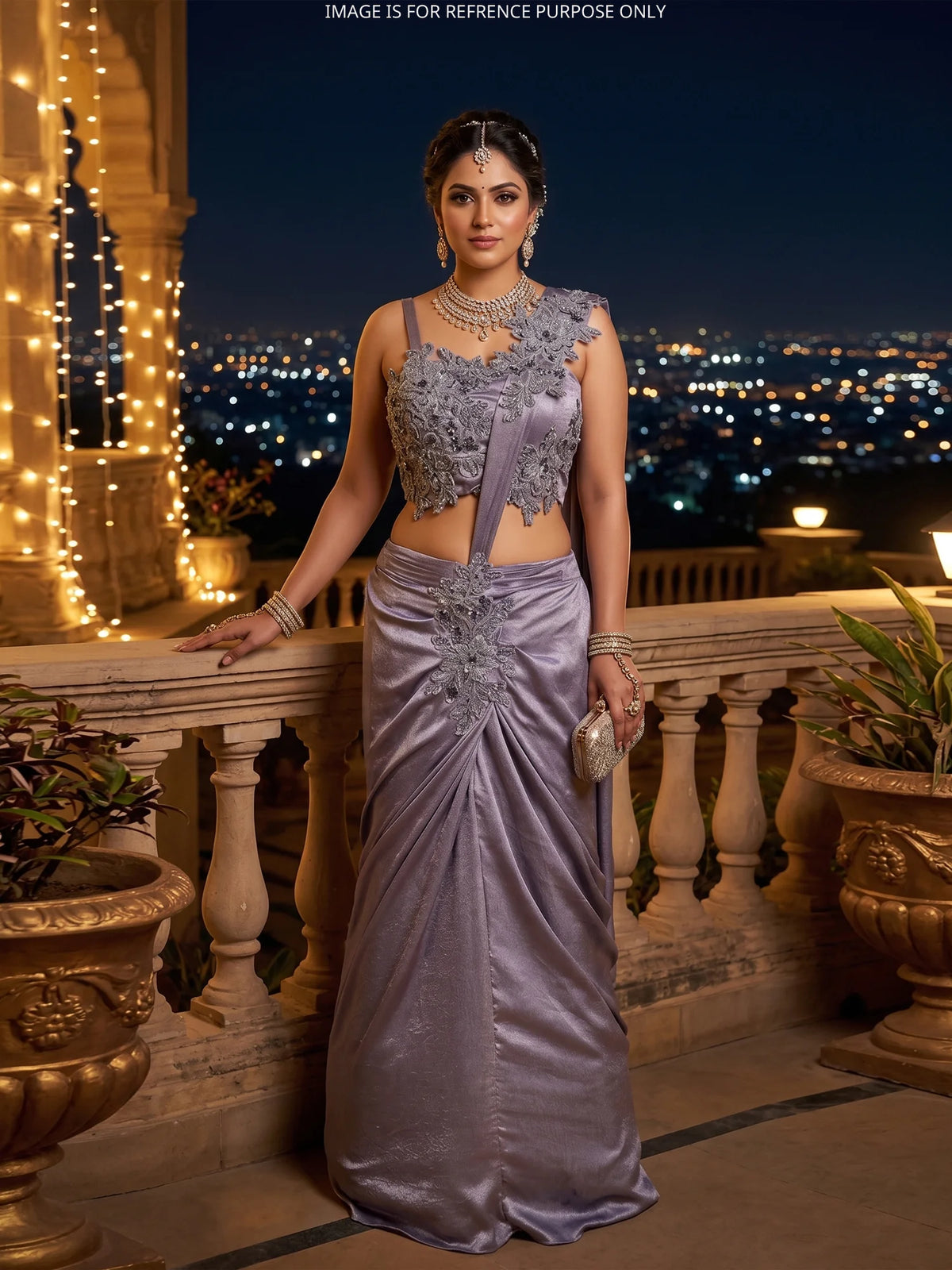 Glamorous Lavender Pre Drape Saree Showcasing Crystal Sequin Floral Details