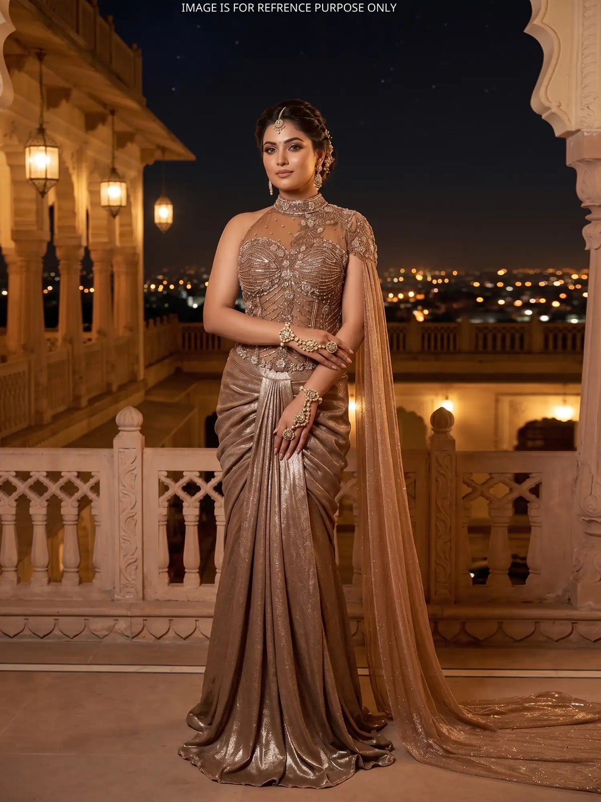 Glamorous Metallic Bronze Imported Pre Drape Saree with Beaded Corset Blouse