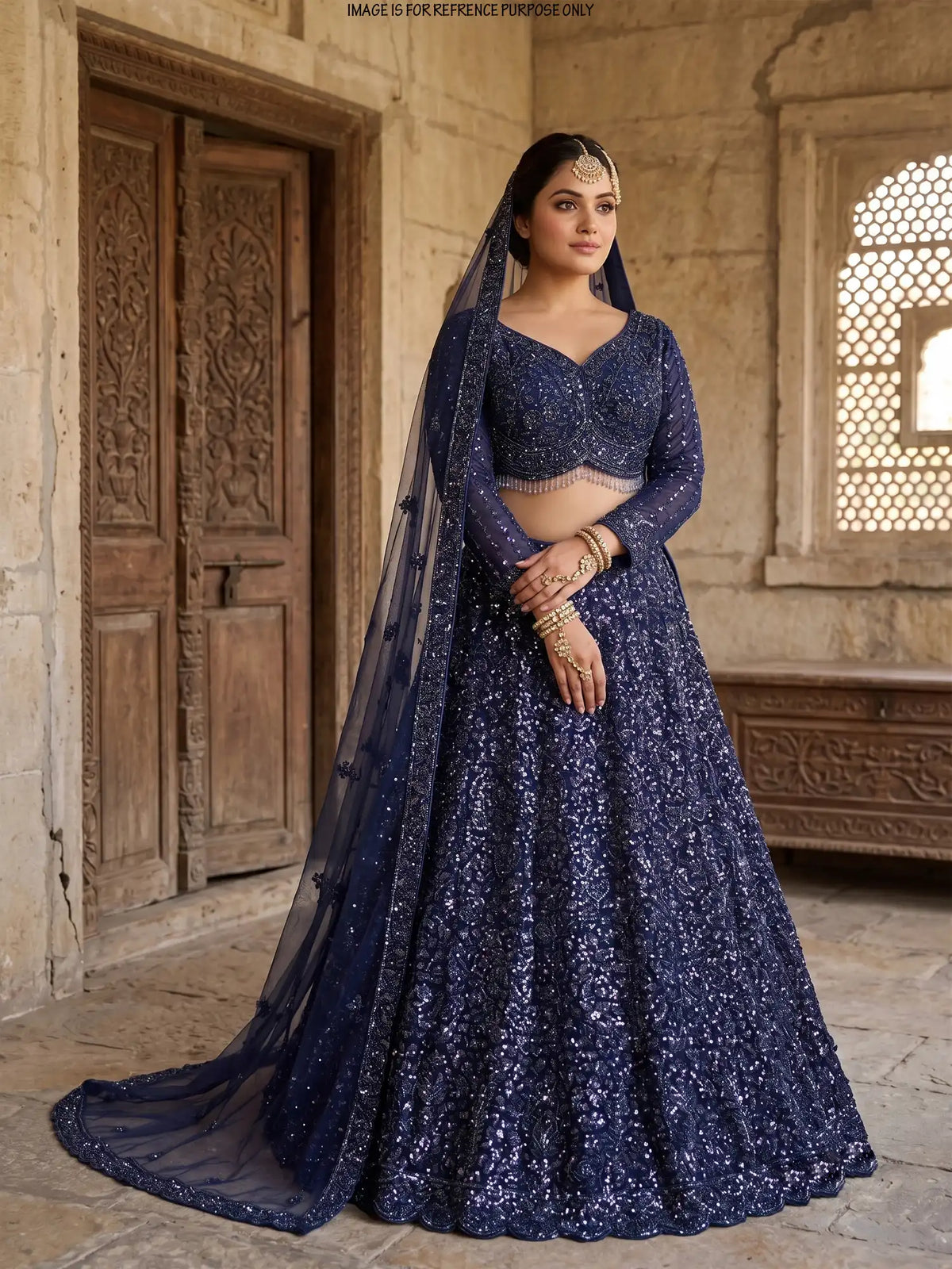 Glamorous Midnight Blue Designer Lehenga with Beaded Floral Patterns
