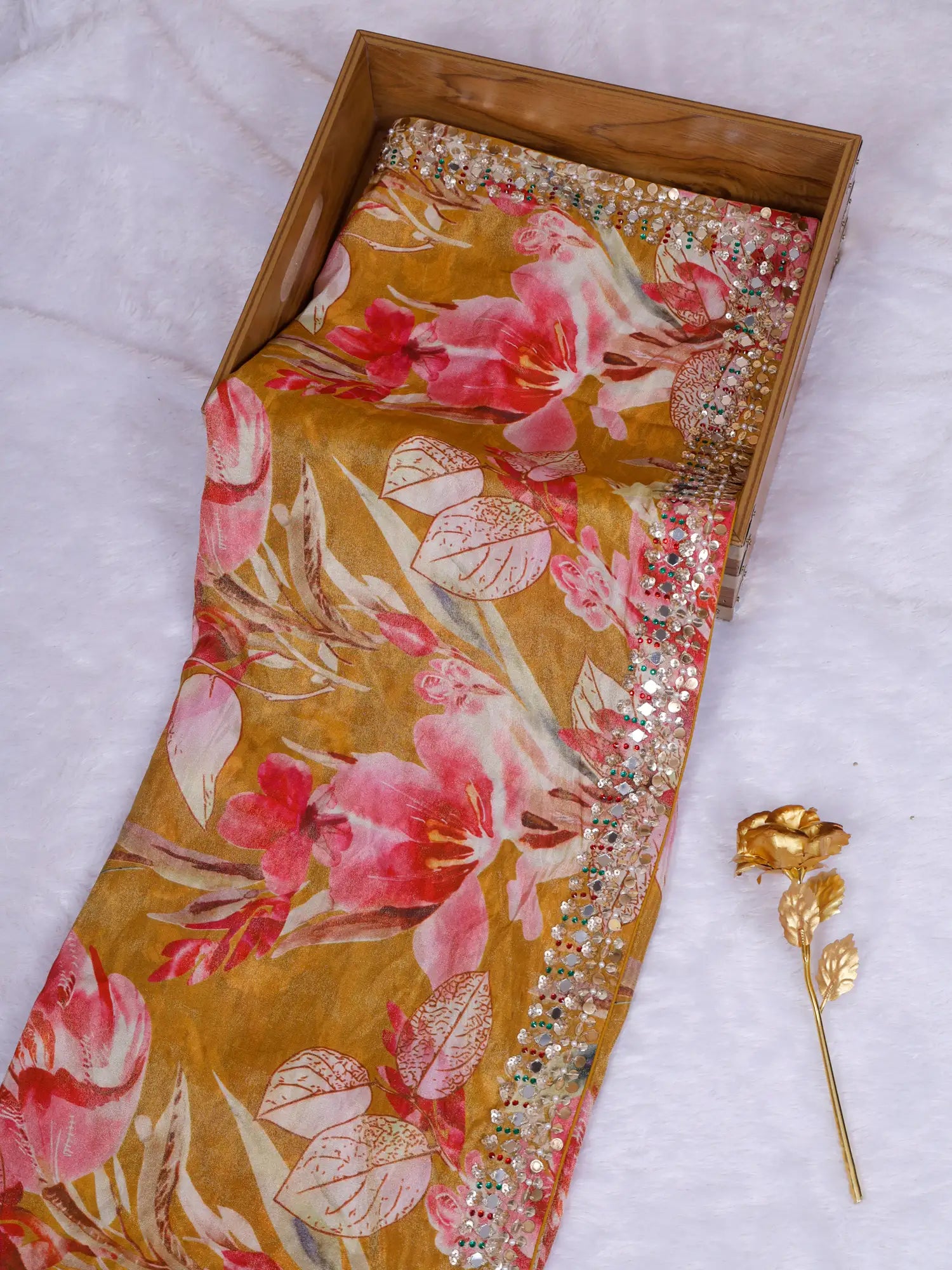 Explore Prestige Mustard Crepe Saree Online With Designer Embellishments