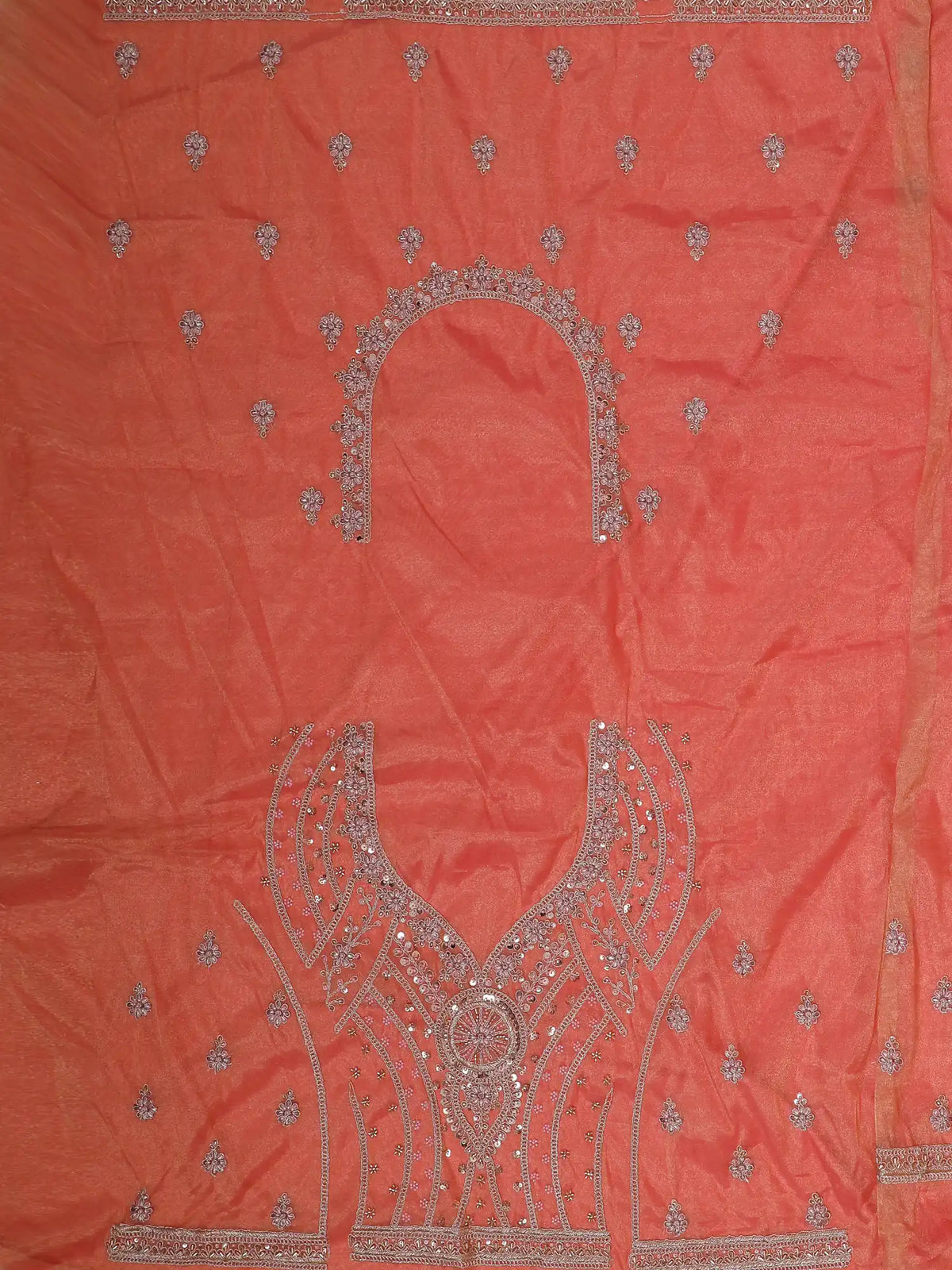 Peach Shimmer Organza Lehenga with Ornate Silver Thread Patterns
