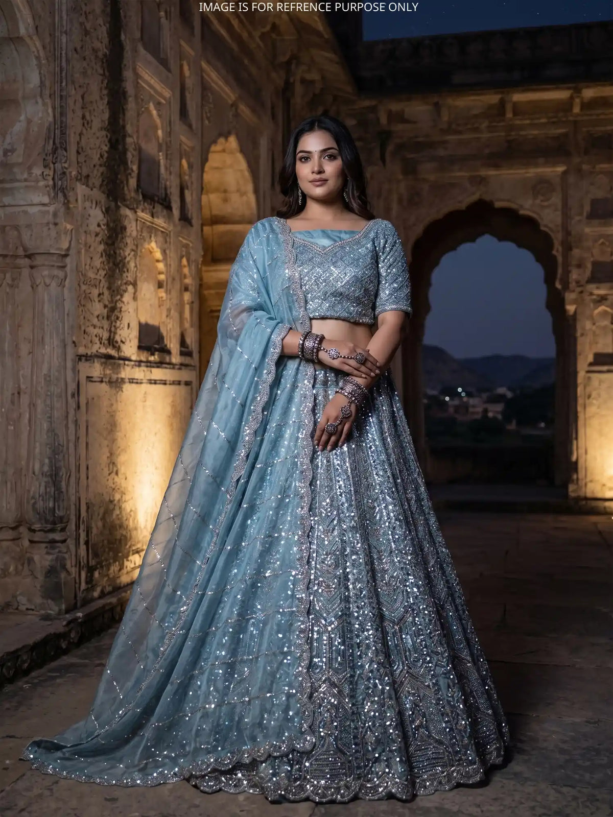 Glamorous Peacock Blue Shimmer Organza Unstitched Lehenga with Sequin Work