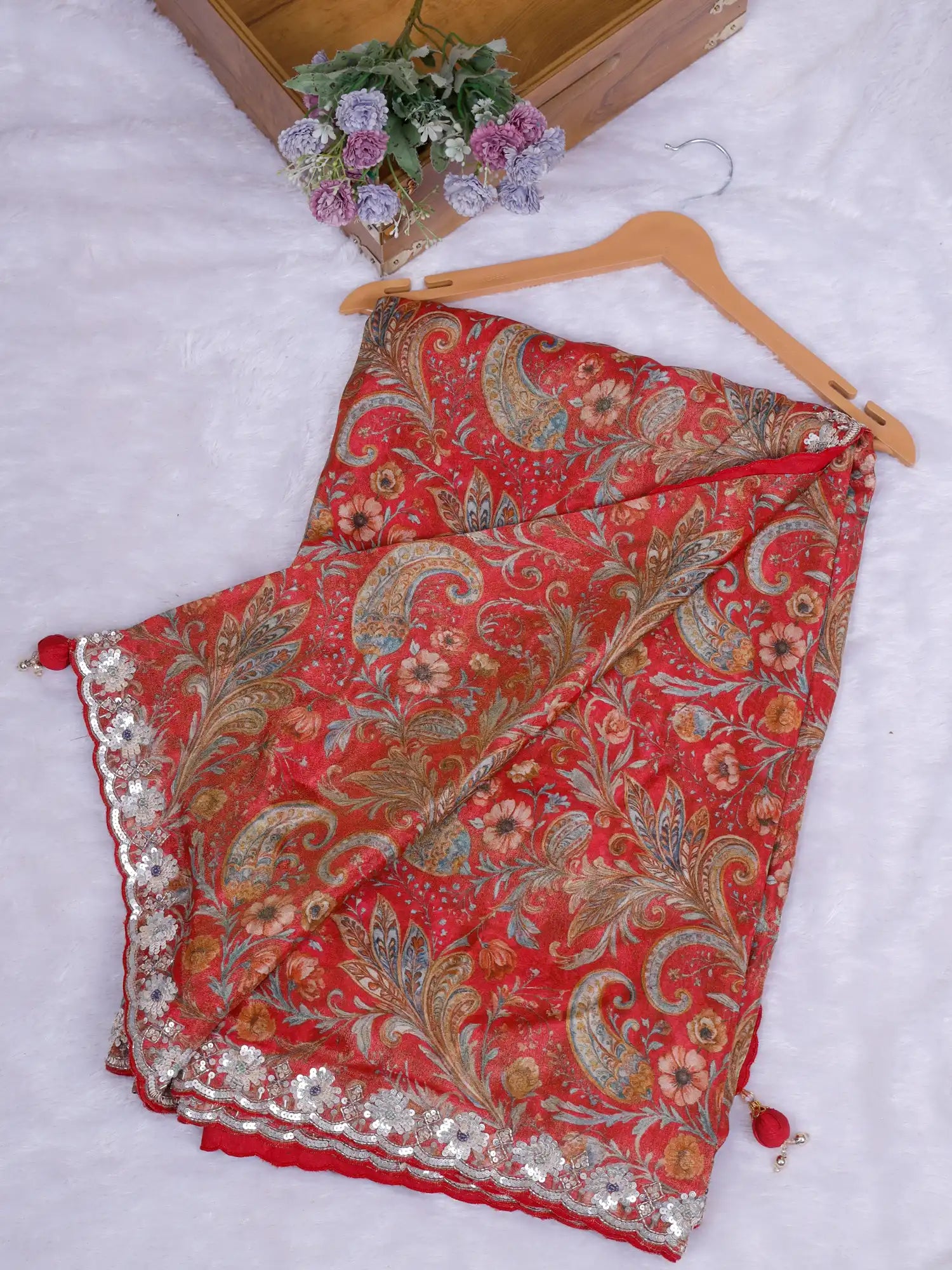 Prestige Red Printed Crepe Saree With Signature Handcrafted Work