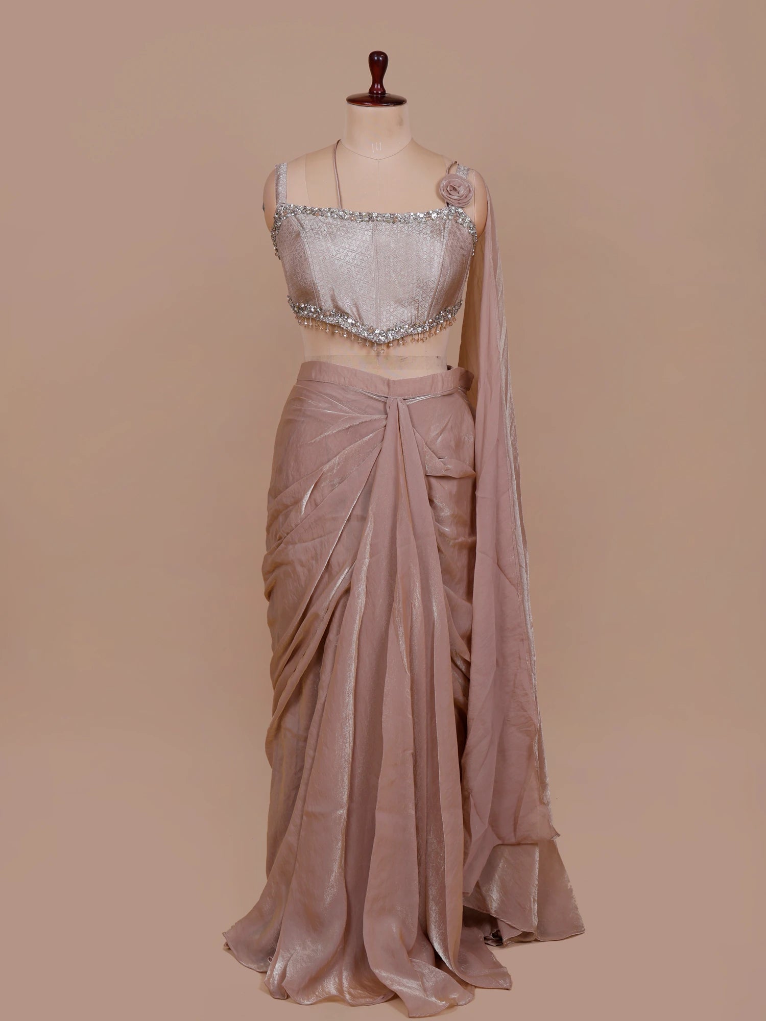 Shop Rose Gold Ready To Wear Saree With Cut Dana Work At Best Price