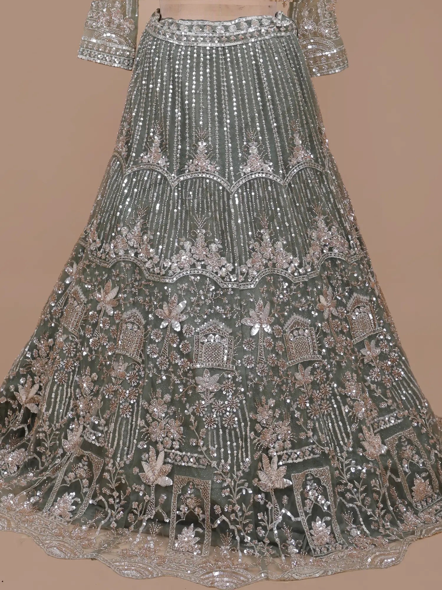 Trendy Sage Green Net Lehenga Set For Party And Wedding Wear