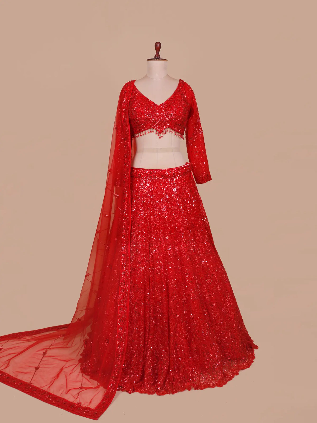 Red Net Glamour Designer Lehenga With Intricate Beads Sequin Embellishment