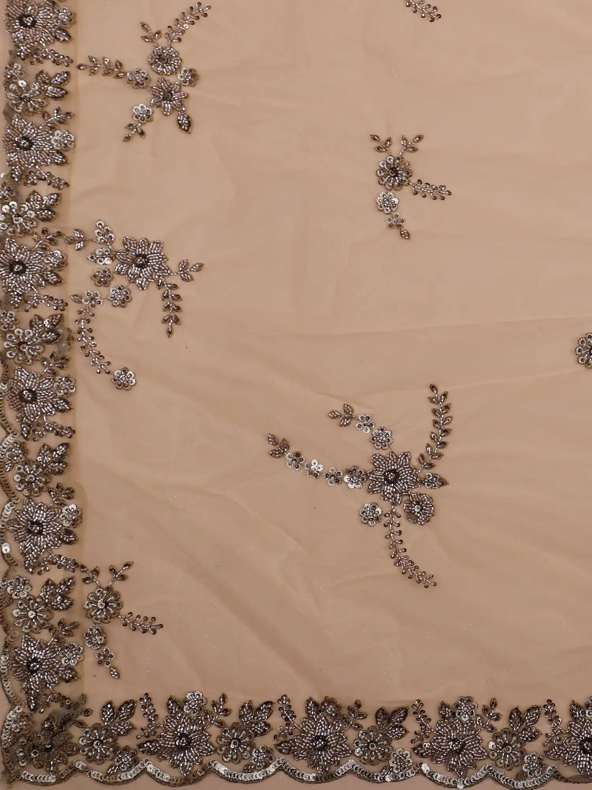 Glamorous Golden Shimmer Silk Lehenga with Silver Floral Embellishment