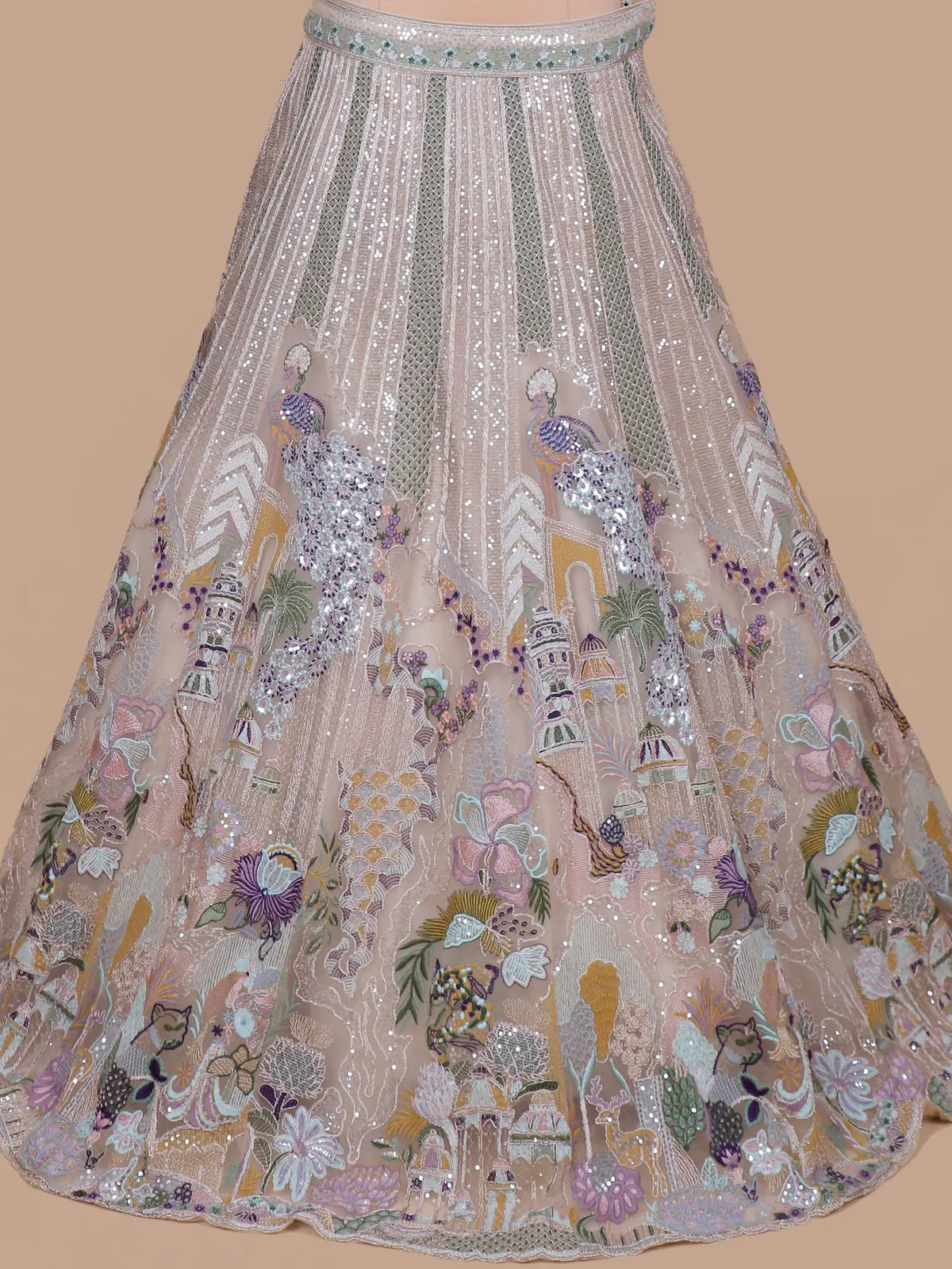 Buy Champagne Gold Net Artistic Lehenga Choli with Bird Floral Embellishment