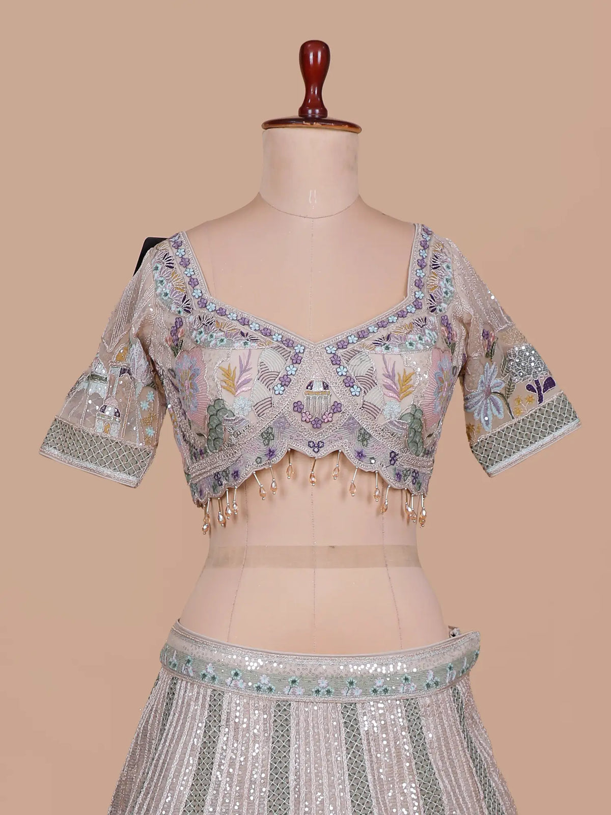 Buy Champagne Gold Net Artistic Lehenga Choli with Bird Floral Embellishment