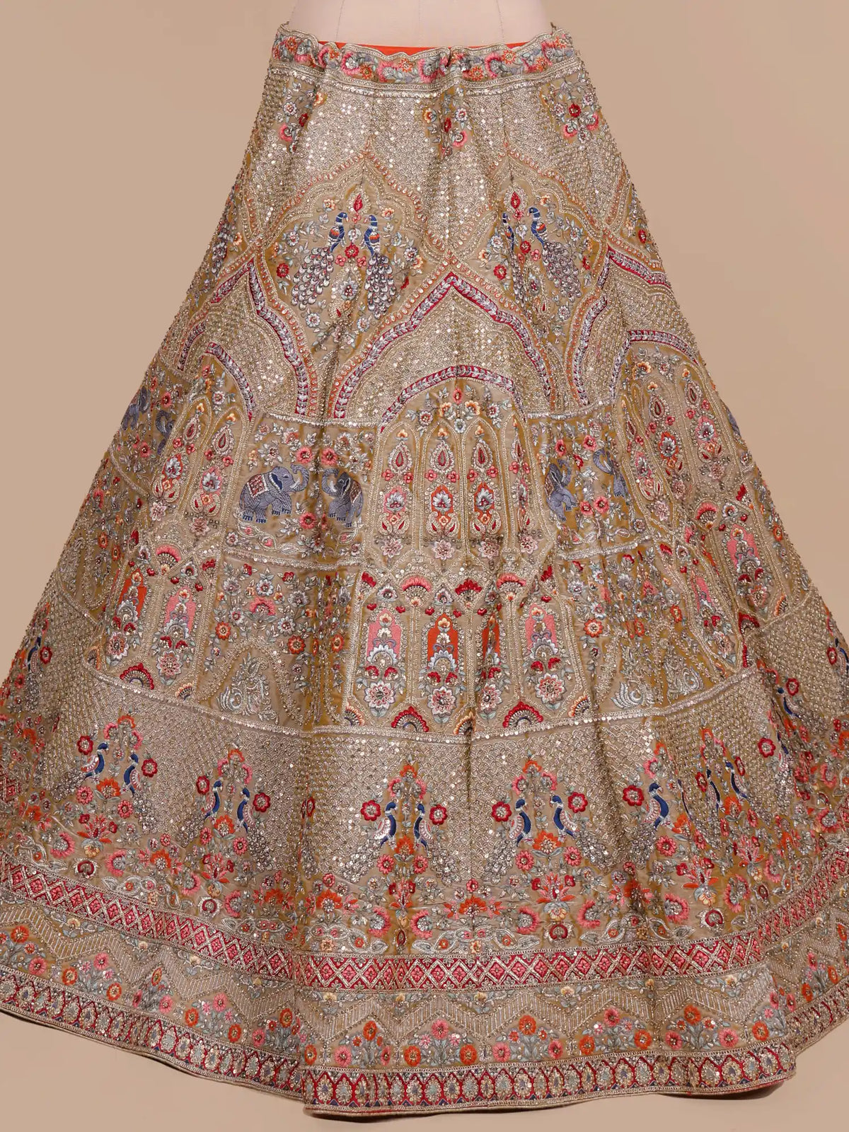 Antique Gold Organza Unstitched Lehenga Featuring Floral Figure Embroidery