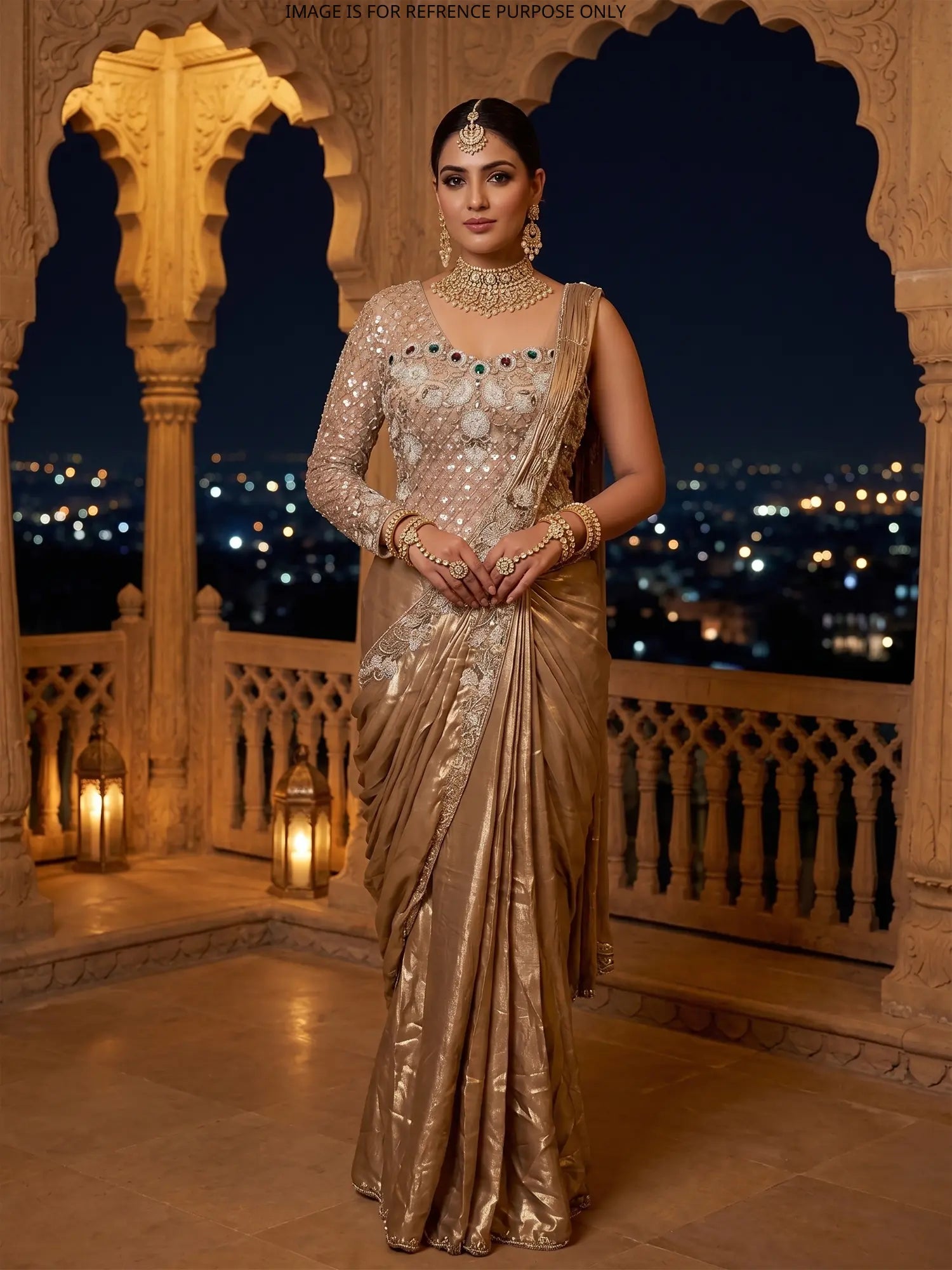 Golden Imported Pre-Draped Saree With Unique One-Sleeve Designer Blouse