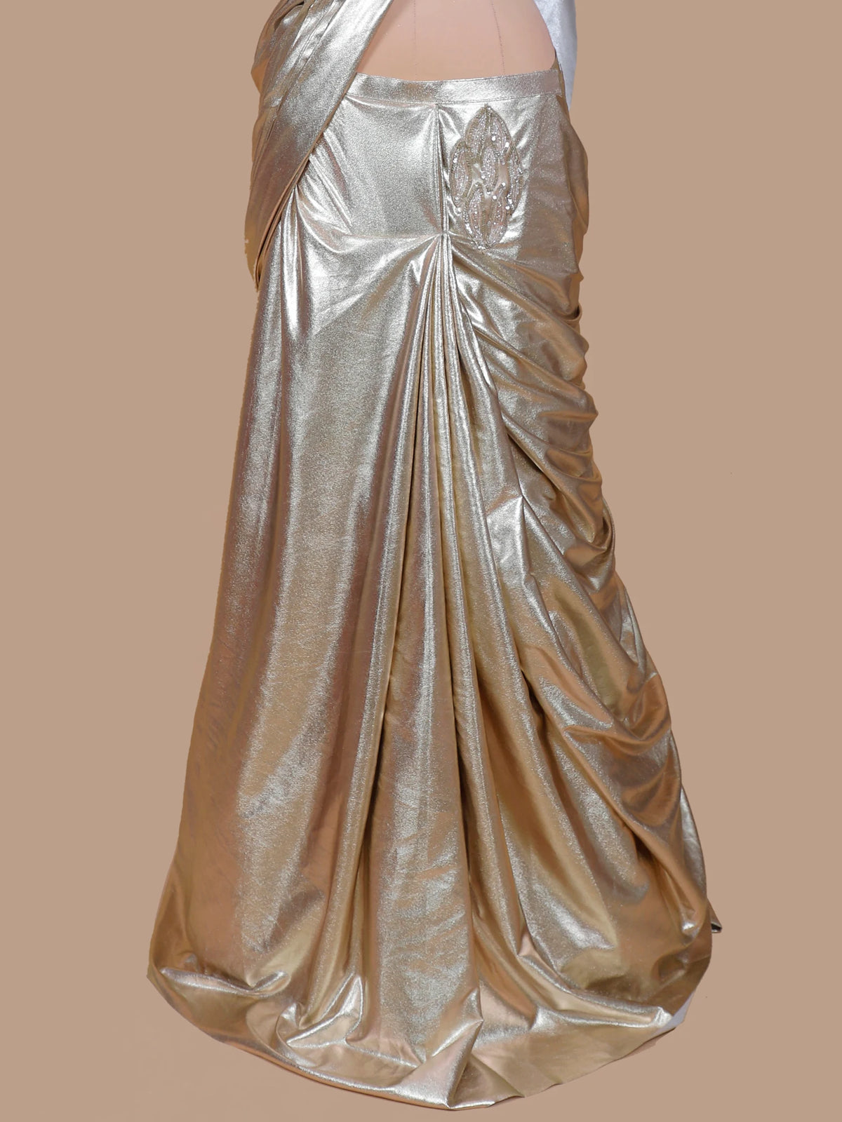 Golden Shimmer Pre Drape Saree Showcasing Sequin Cut Dana Leaf Work