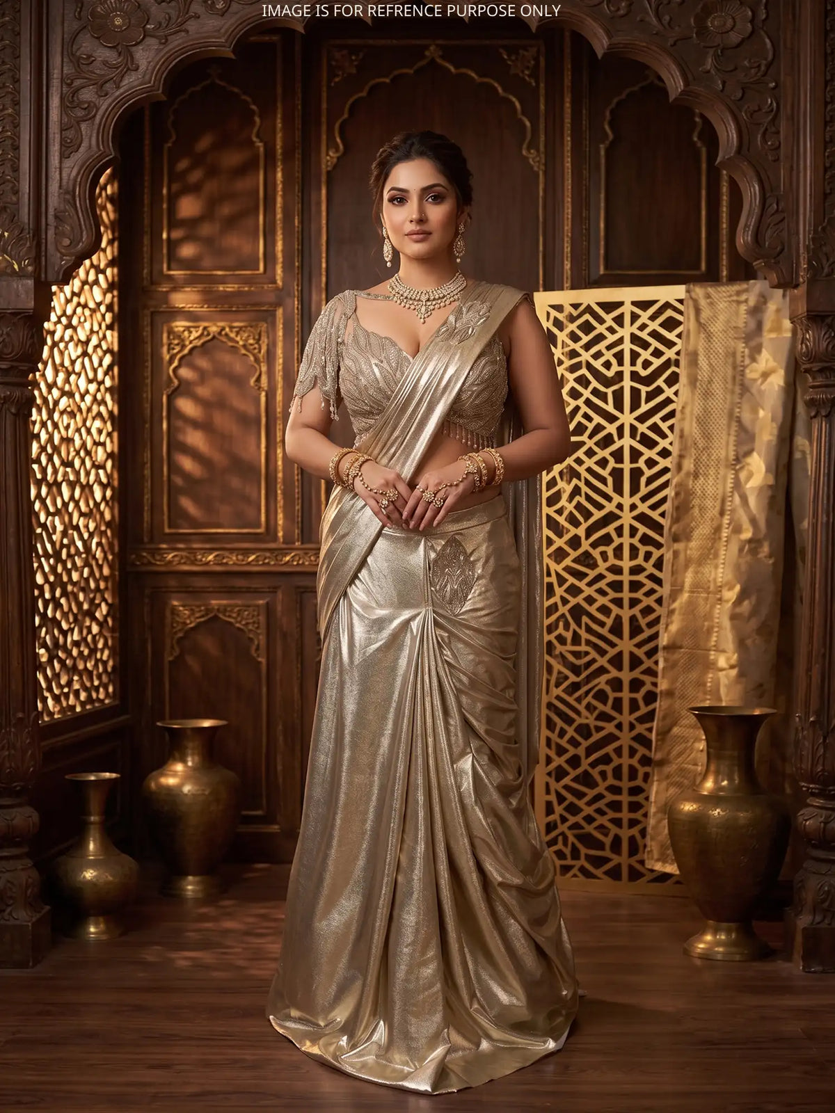 Golden Shimmer Pre Drape Saree Showcasing Sequin Cut Dana Leaf Work