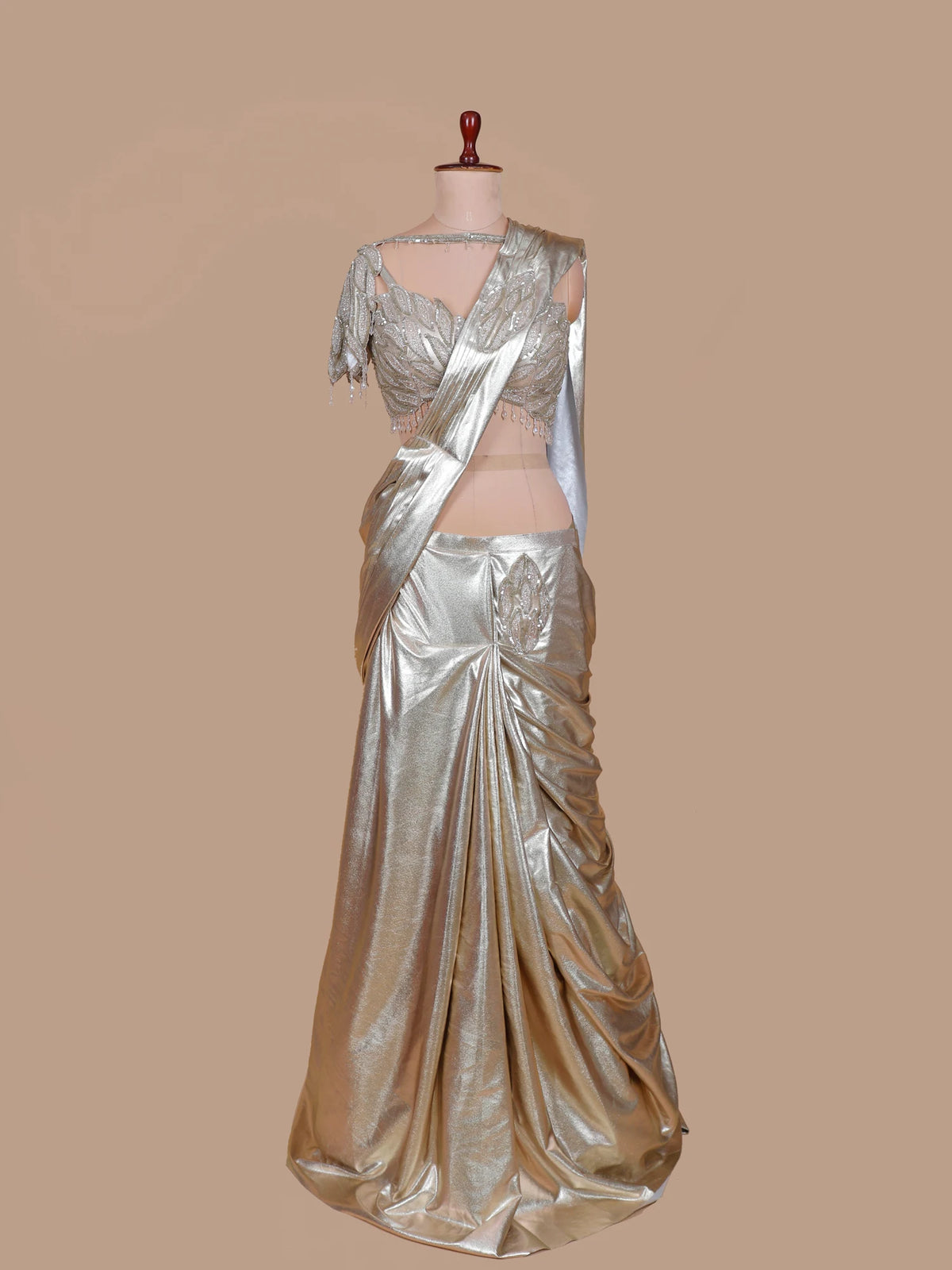 Golden Shimmer Pre Drape Saree Showcasing Sequin Cut Dana Leaf Work