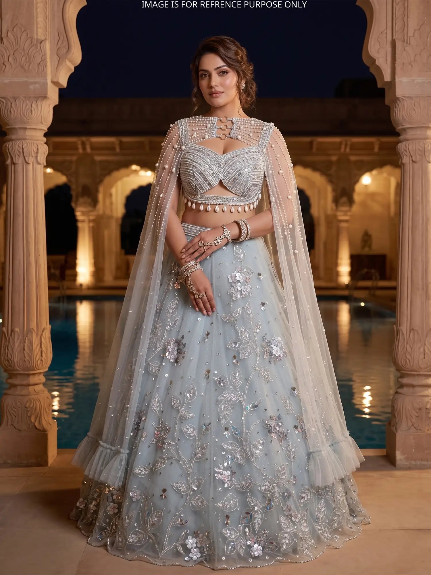 Graceful Powder Blue Lehenga Online With Pearl Accents