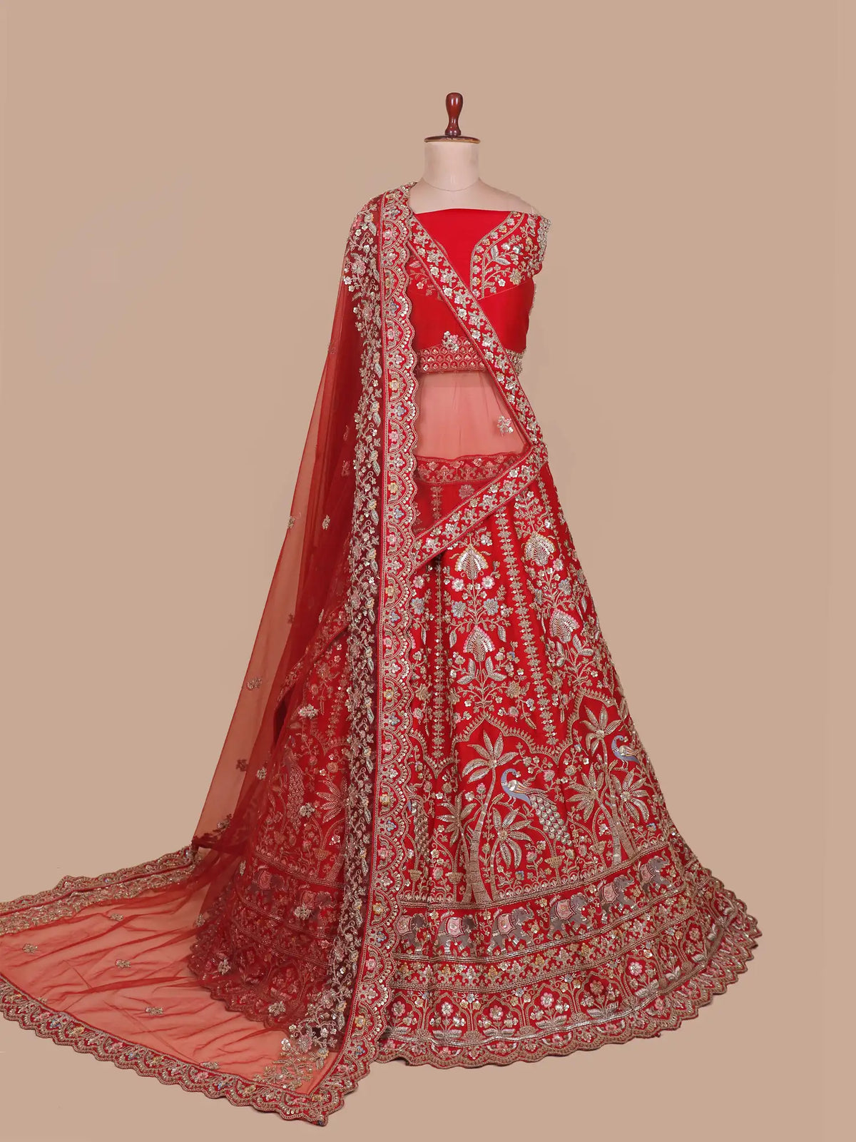 Grand Red Silk Bridal Lehenga with Floral Paisley and Peacock Embroidery