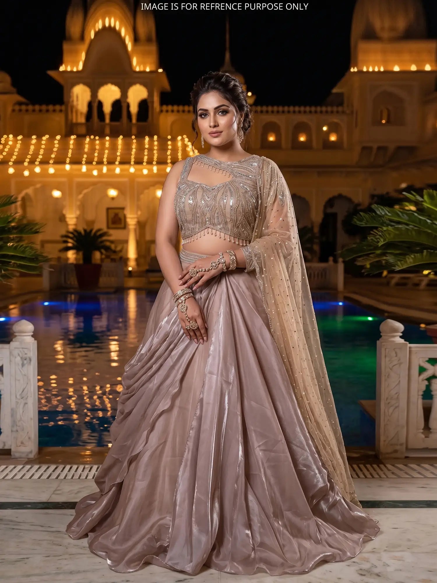 Grand Champagne Designer Drape Lehenga Online With Sparkling Details