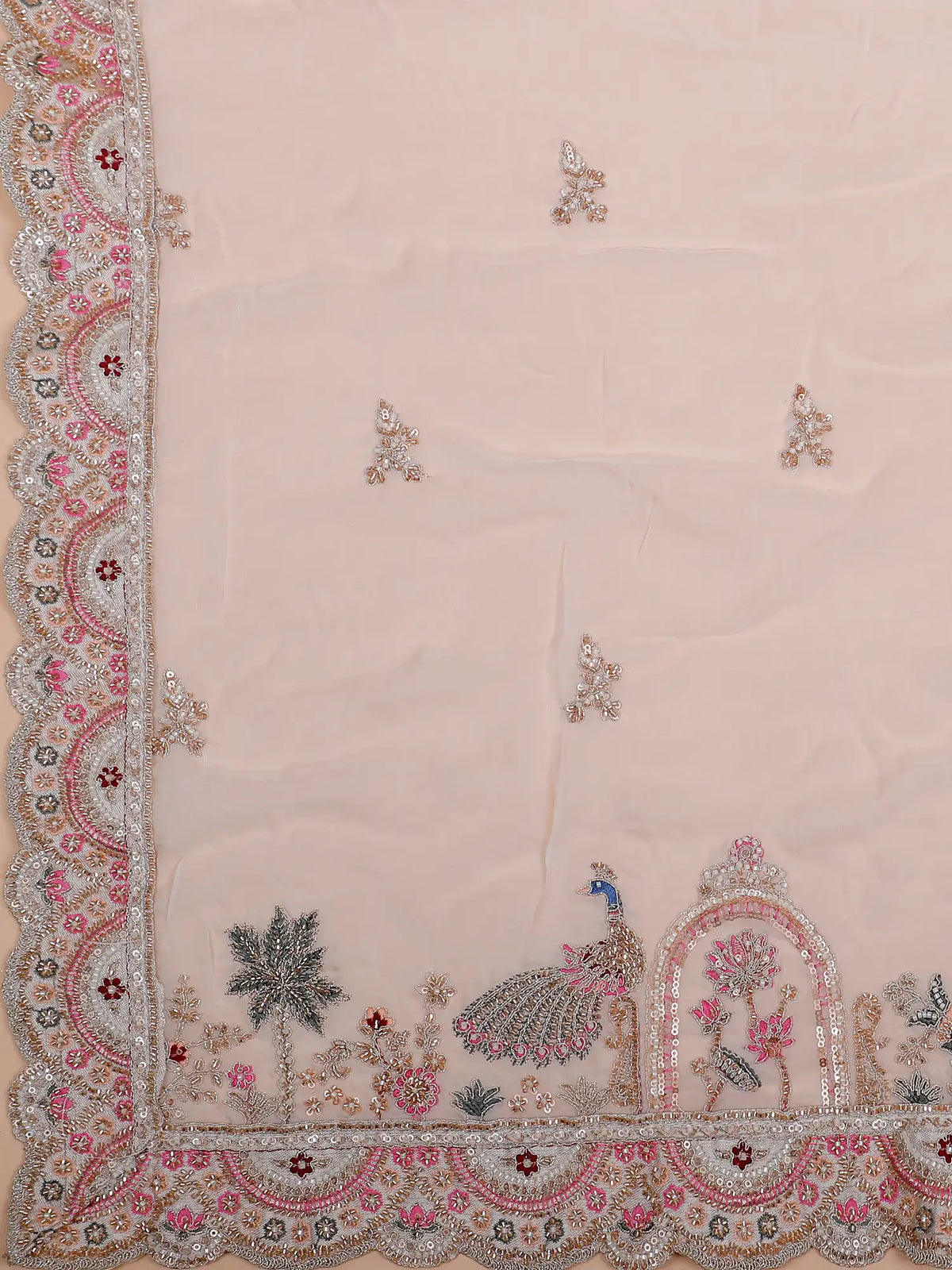 Grand Off White Silk Lehenga with Royal Arches and Peacock Embroidery
