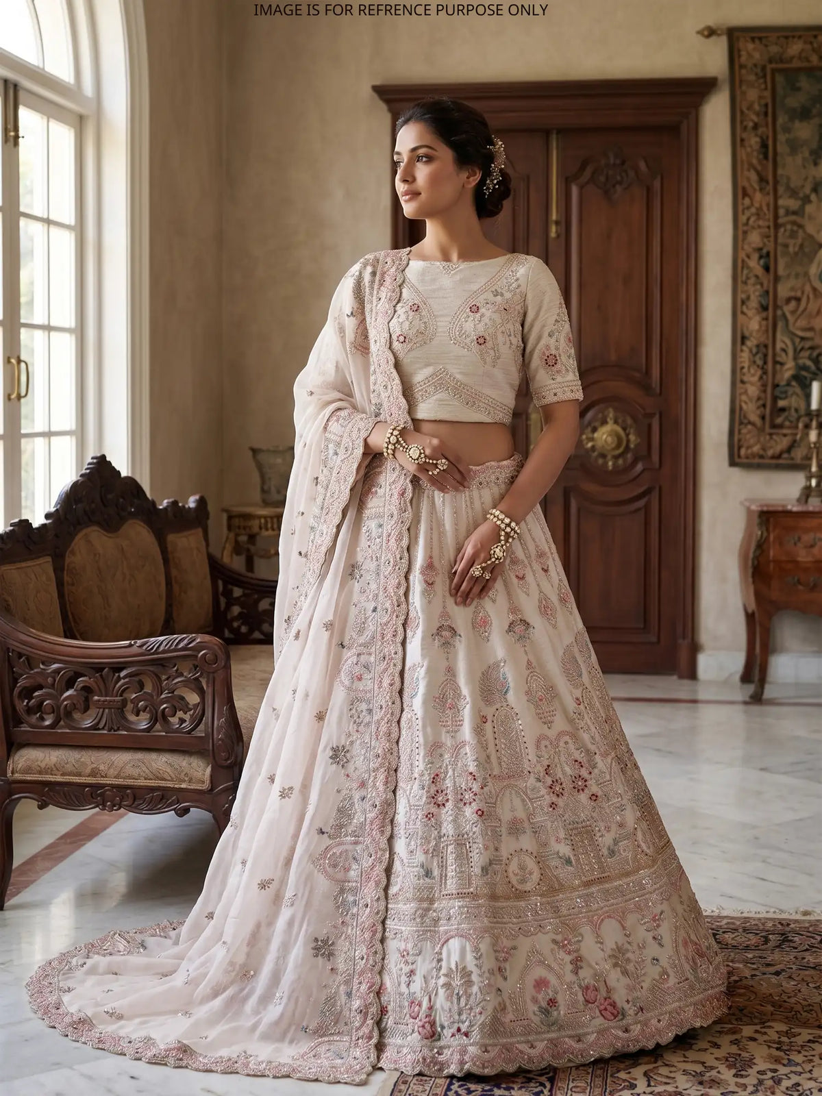 Grand Off White Silk Lehenga with Royal Arches and Peacock Embroidery