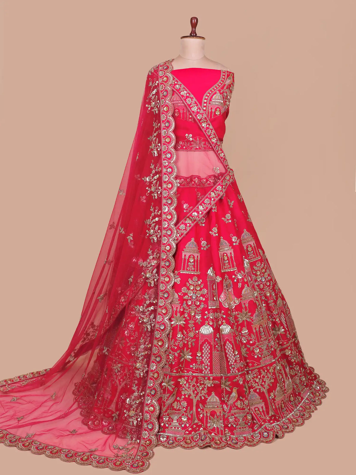 Rani Pink Silk Lehenga Featuring Bride Groom and Royal Palace Embroidery