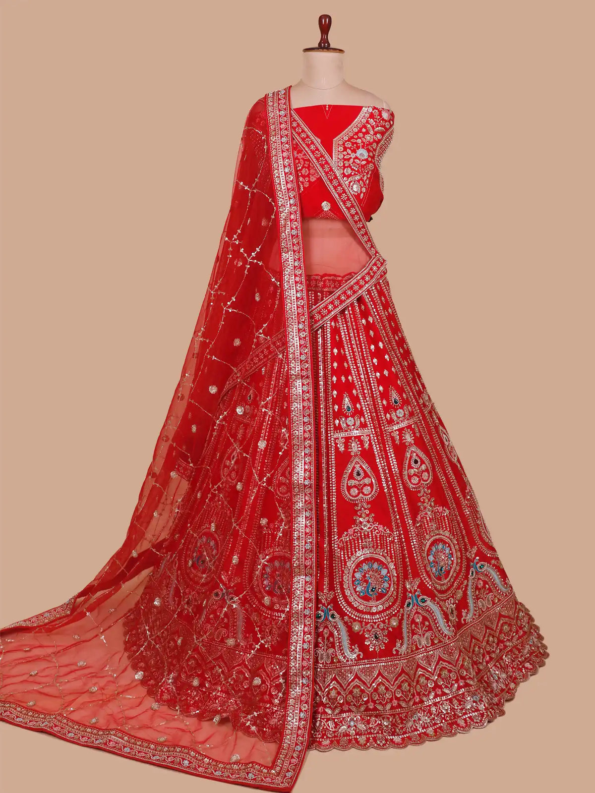 Grand Red Silk Wedding Lehenga with Peacock Embroidery and Stone Work