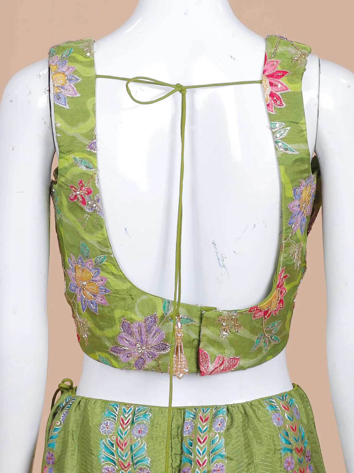 Green Silk Indo Western Palazzo Suit Featuring Floral Print and Moti Details