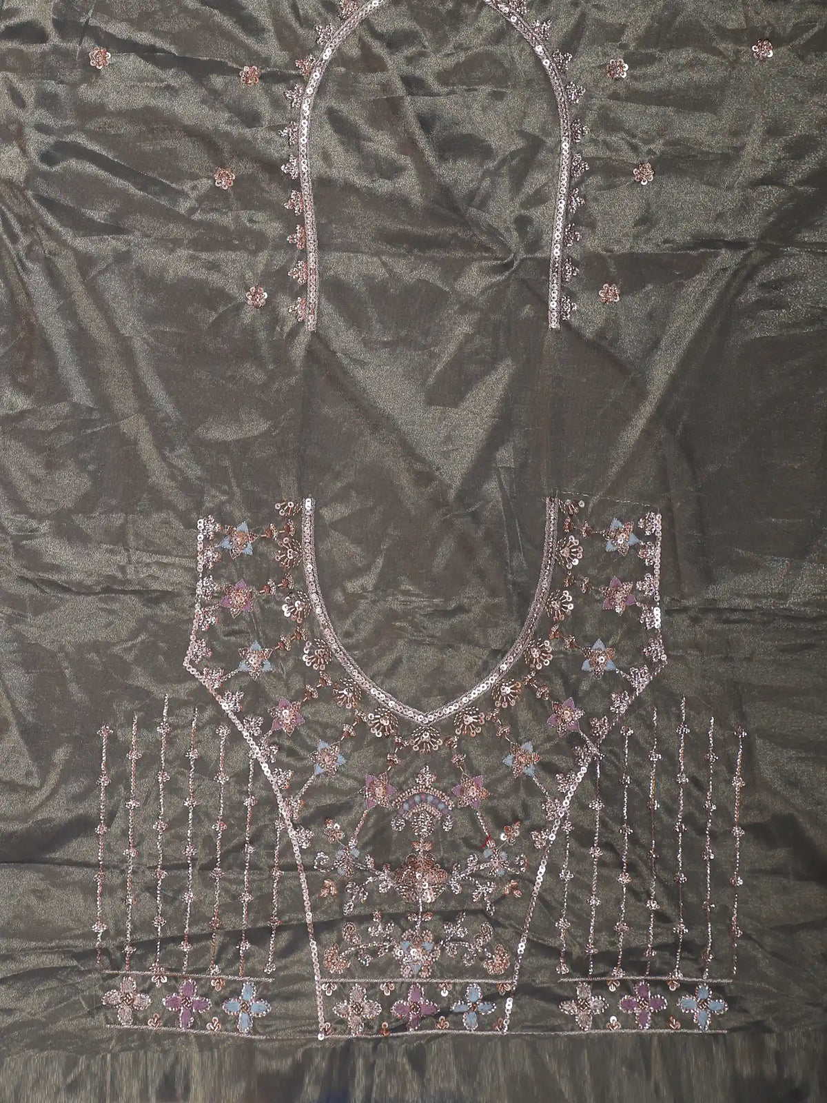 Dazzling Metallic Green Unstitched Lehenga with Floral Vine Embroidery
