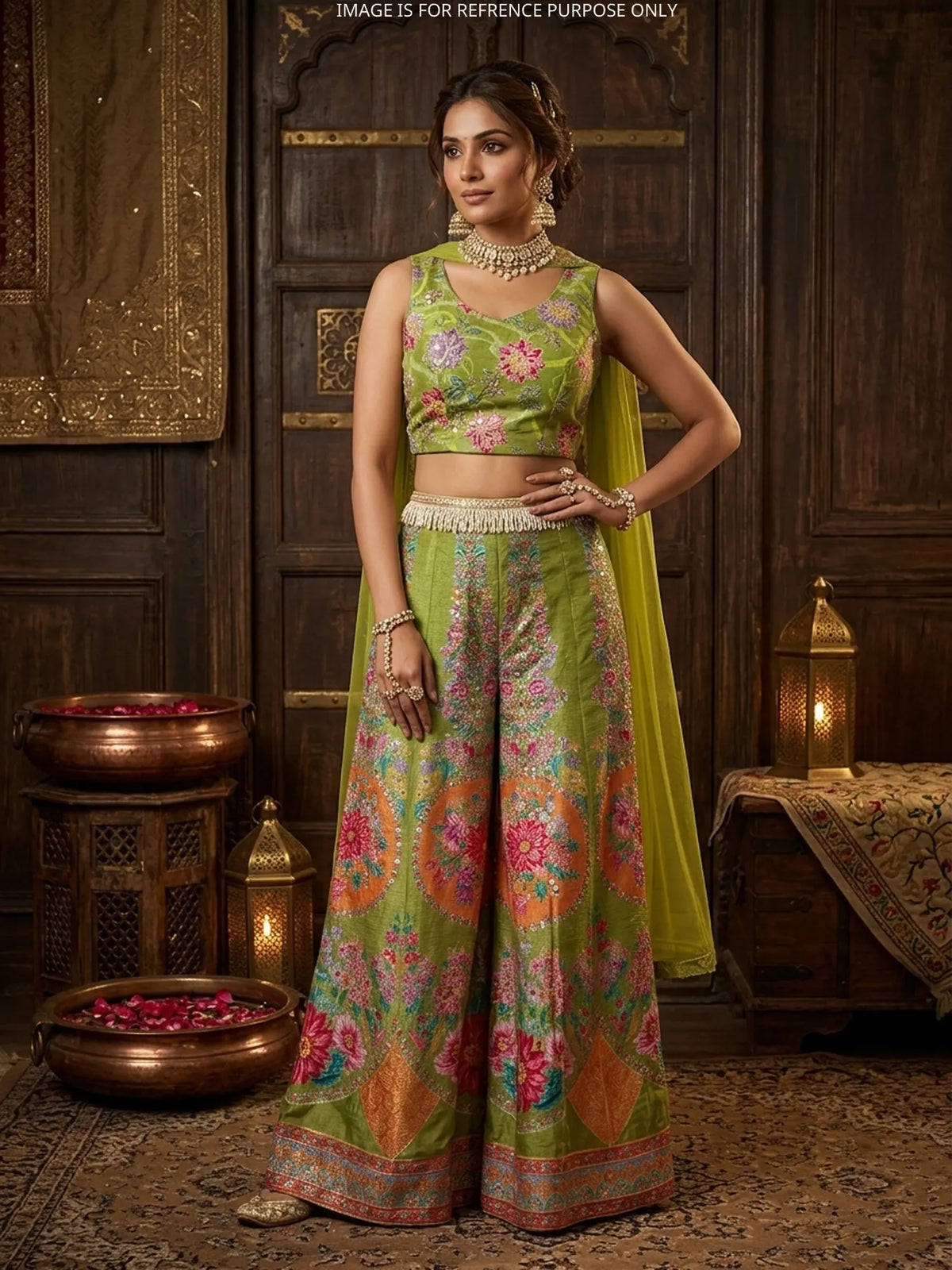 Green Silk Indo Western Palazzo Suit Featuring Floral Print and Moti Details