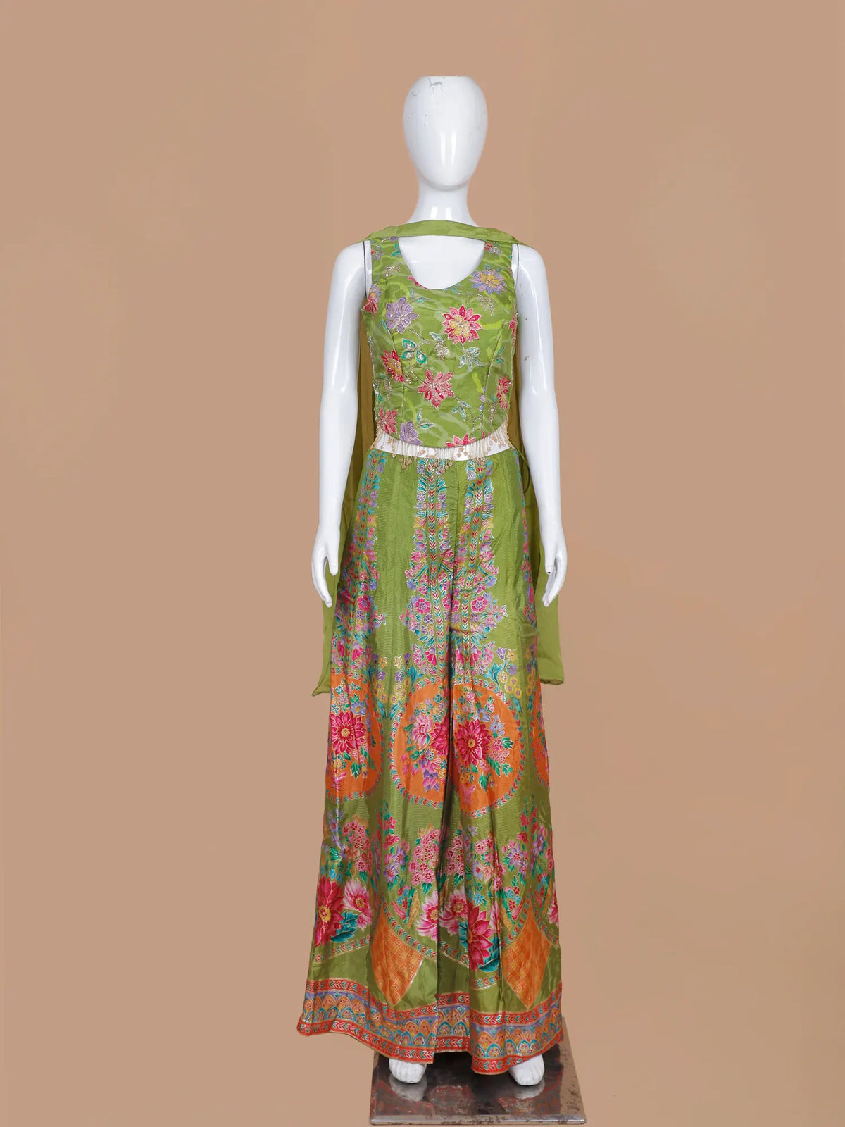Green Silk Indo Western Palazzo Suit Featuring Floral Print and Moti Details