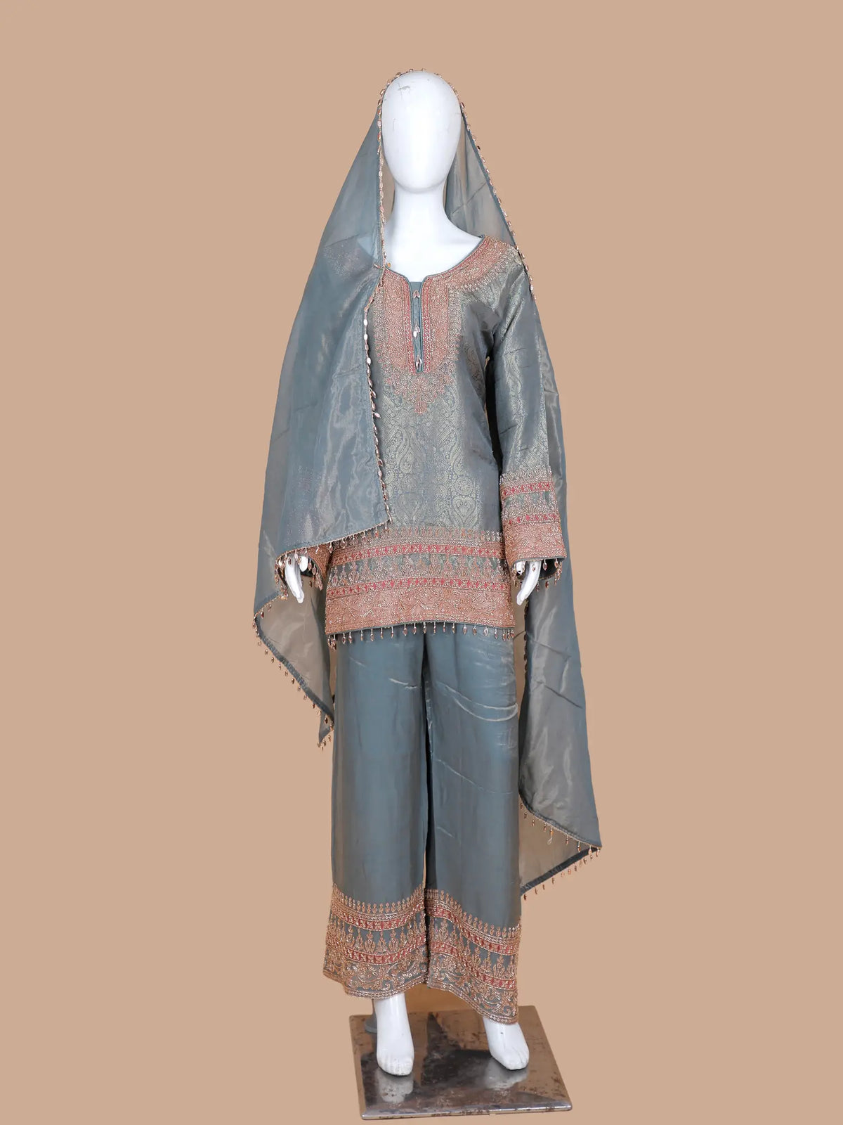 Exclusive Grey Shimmer Banarasi Silk Salwar Suit Highlighting Beads Work