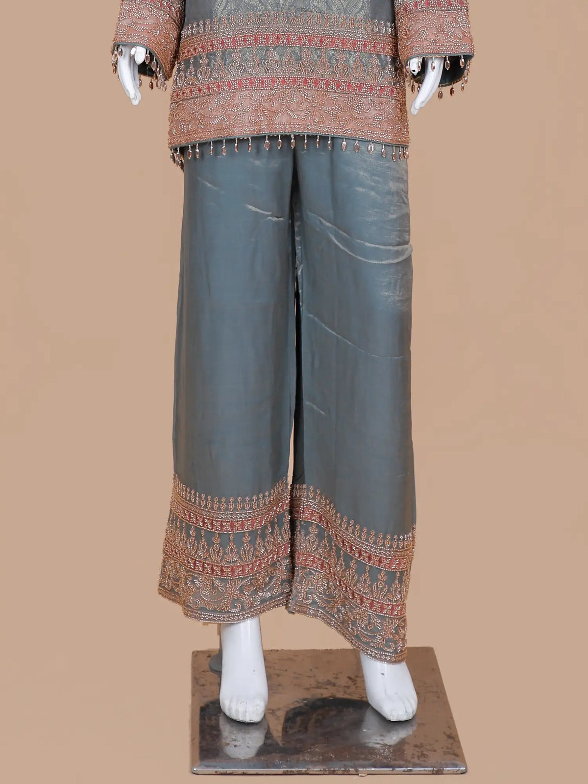 Exclusive Grey Shimmer Banarasi Silk Salwar Suit Highlighting Beads Work