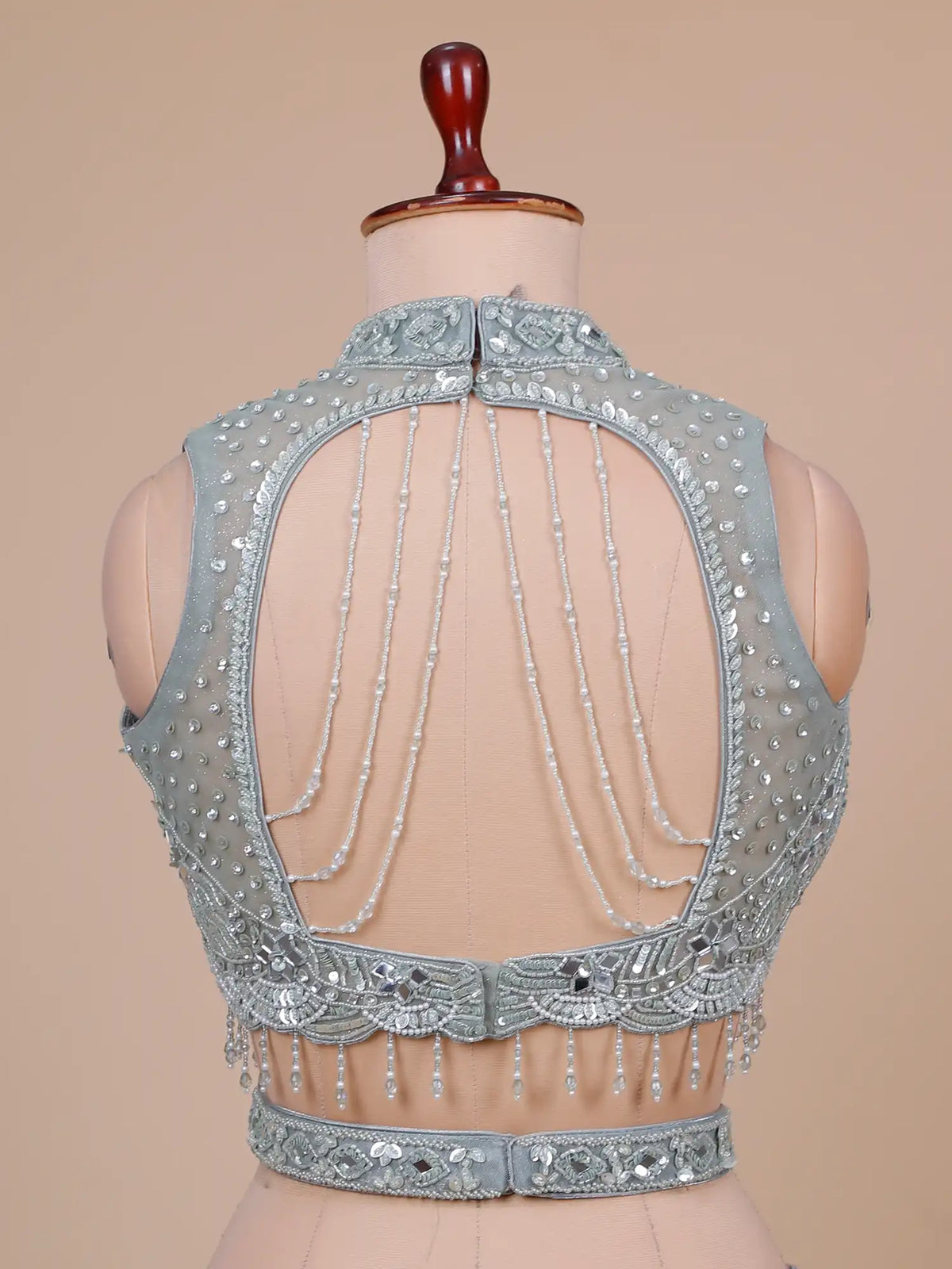 Stylish Grey Organza Drape Lehenga with Structured Pleats and Mirrors